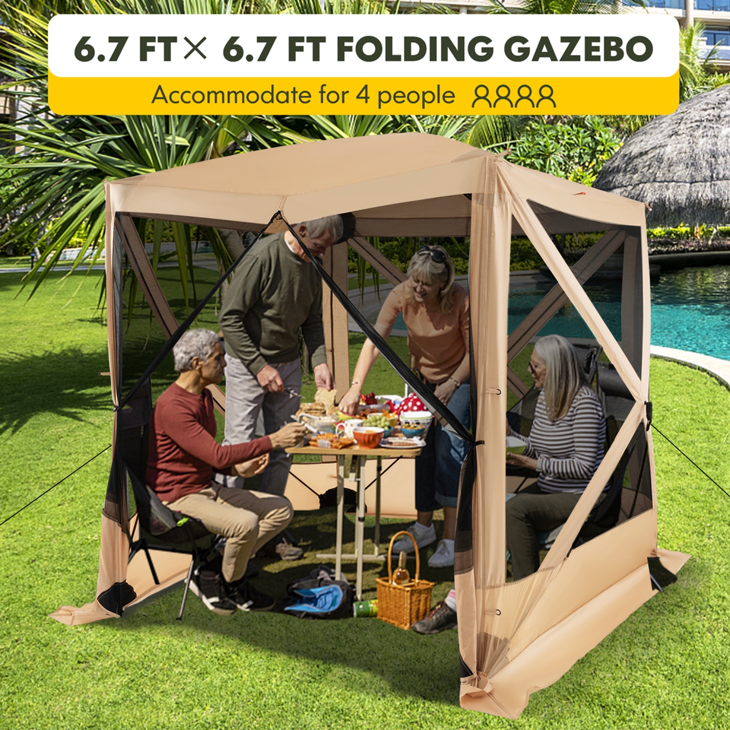 Costway 6.7 FT x 6.7 FT 4-Panel Pop up Camping Gazebo Quick-Set with 2 Sunshade Cloths