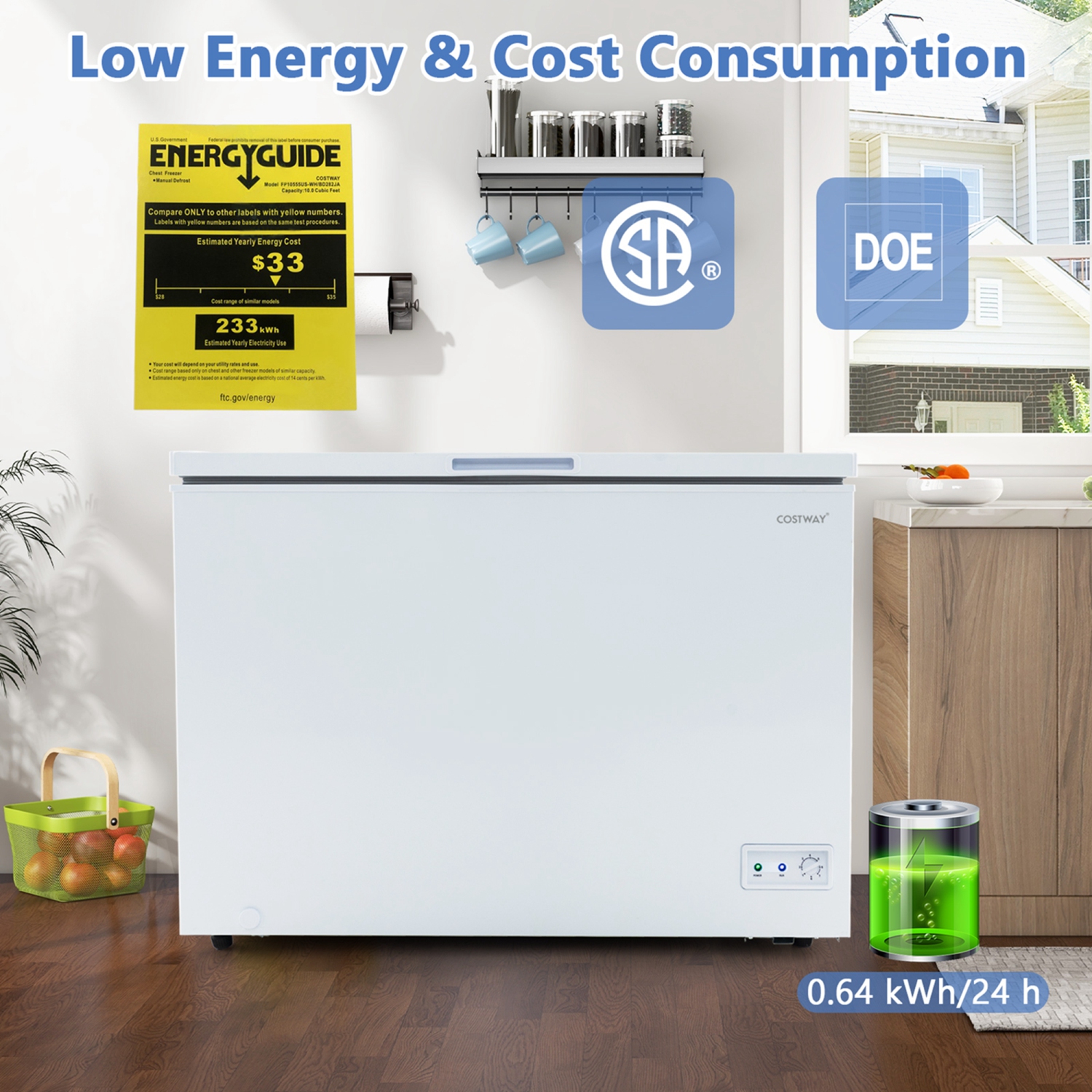 Costway 10 Cu. Ft. Chest Compact Freezer with 7-Level Temperature, Removable Basket White