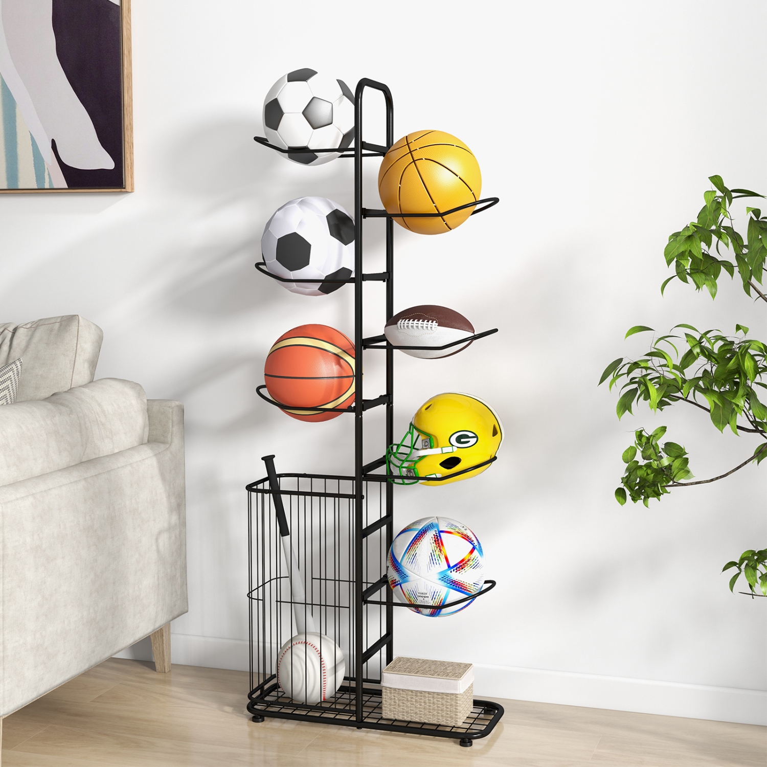 Costway 7-Tier Ball Storage Rack with 7 Removable Hanging Rods & Side Ball Basket Black