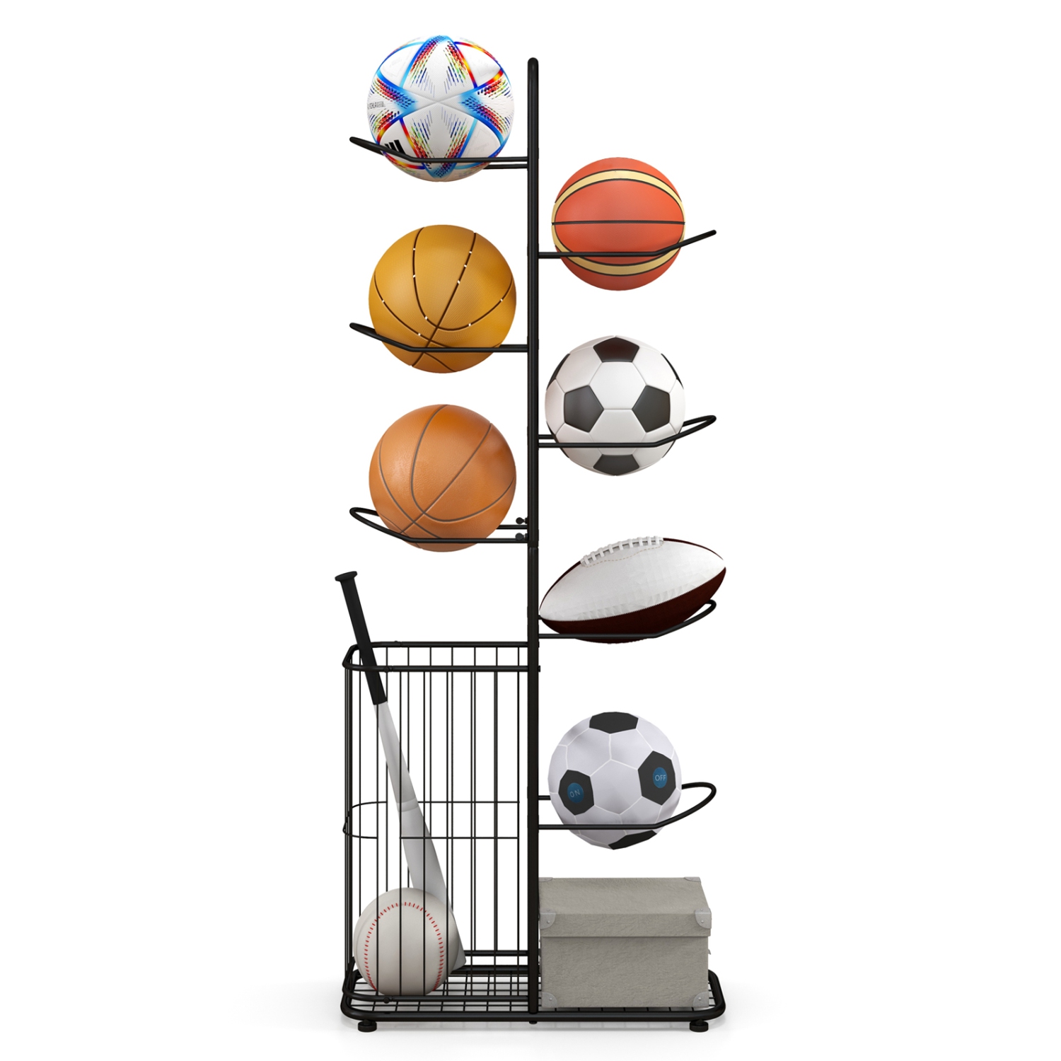 Costway 7-Tier Ball Storage Rack with 7 Removable Hanging Rods & Side Ball Basket Black