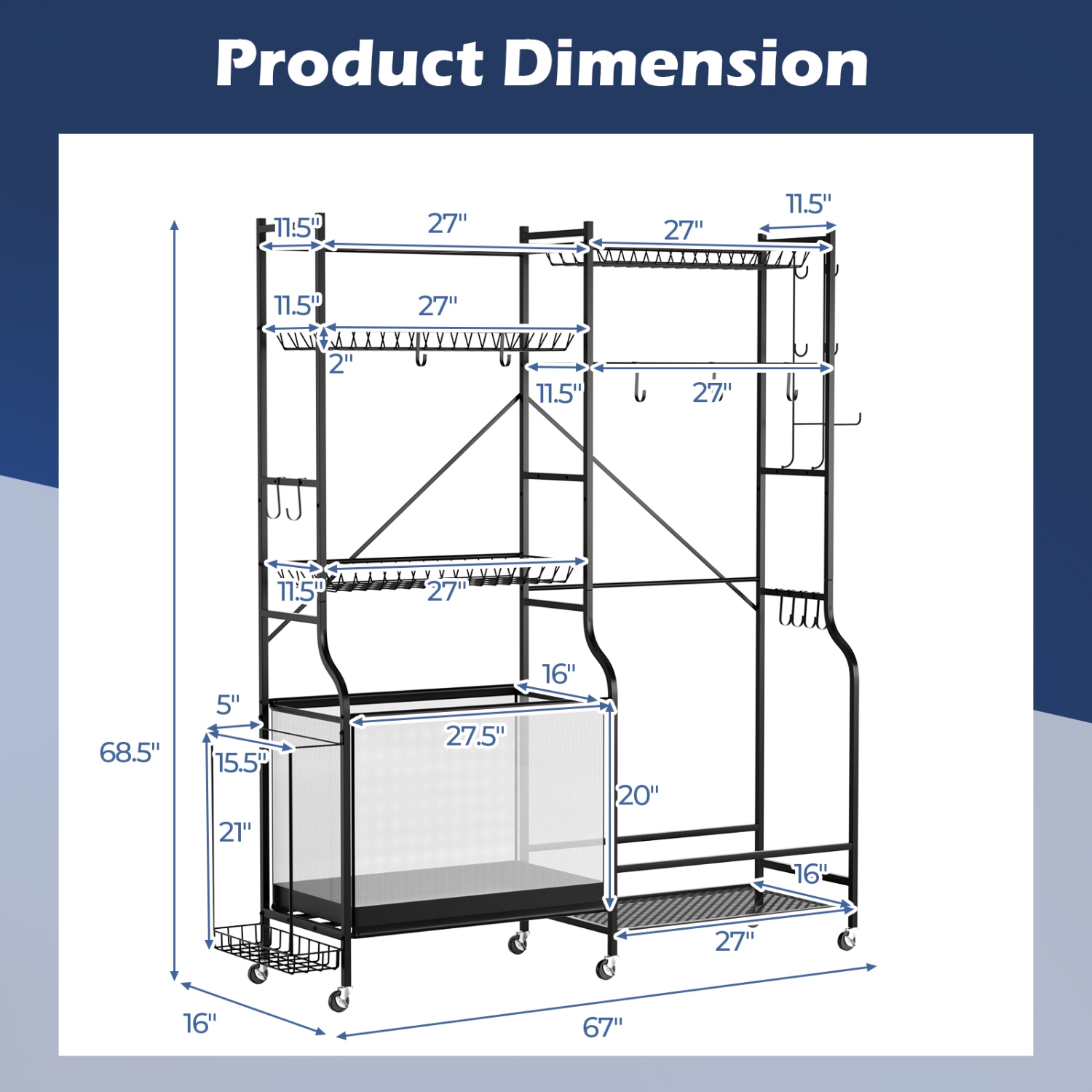 Organisateur d'équipement de sport de Costway pour garage avec support de tapis de yoga panier à billes en métal noir