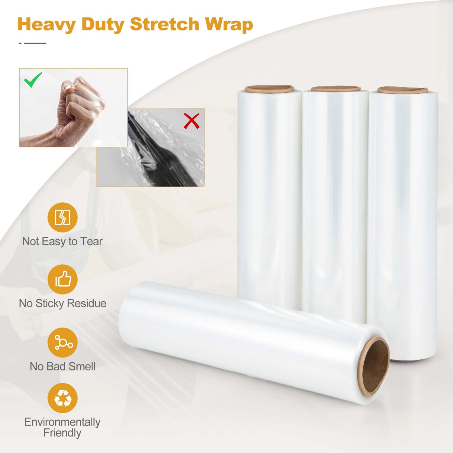 Costway 4 Rolls Stretch Film Heavy Duty Shrink Wrap 60 Gauge Clear Plastic Wrap Film