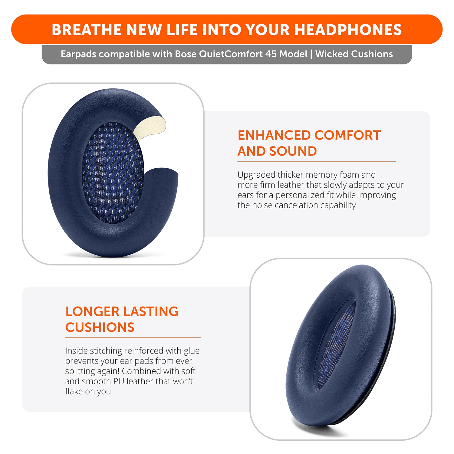 Extra Thick Replacement Ear Cushions for Bose QC45 Headphones | (Midnight Blue)