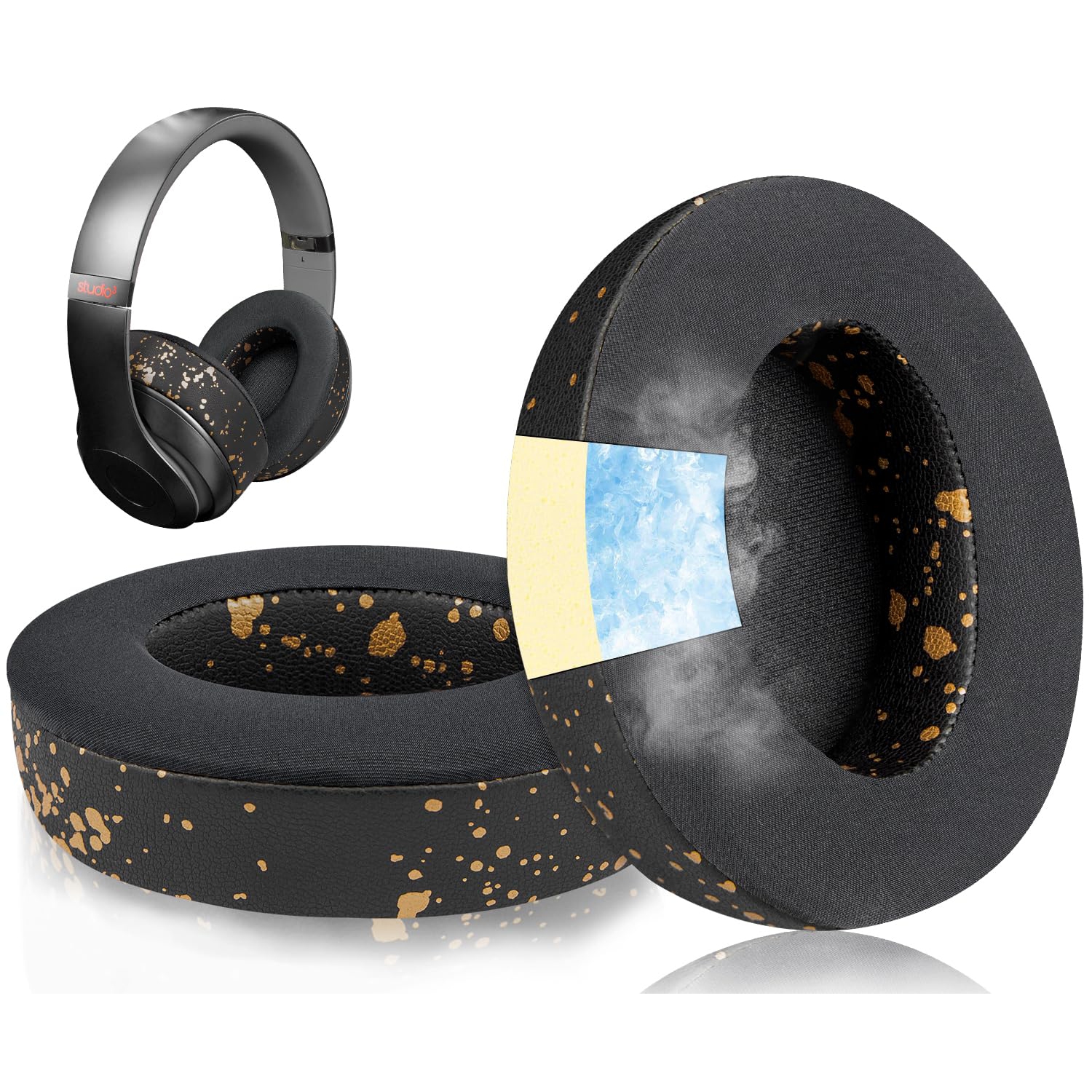 Cooling Gel Replacement Ear Pads Cushions for Beats Studio 2 & Studio 3 Wired & Wireless Headphones, Earpads with High-Density Noise Isolation Foam, Added Thickness - Black Gold
