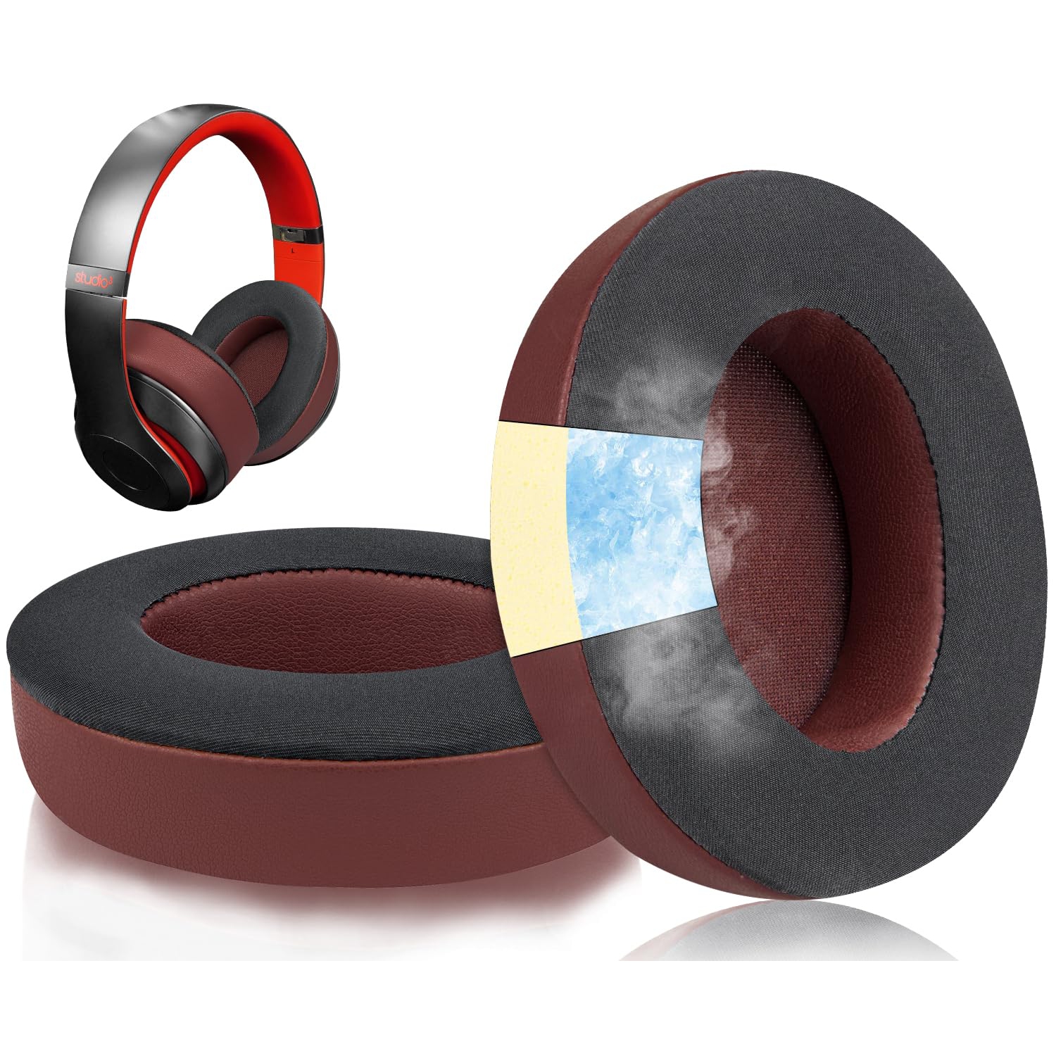 Cooling Gel Replacement Ear Pads Cushions for Beats Studio 2 & Studio 3 Wired & Wireless Headphones, Earpads with High-Density Noise Isolation Foam, Added Thickness - Burgundy