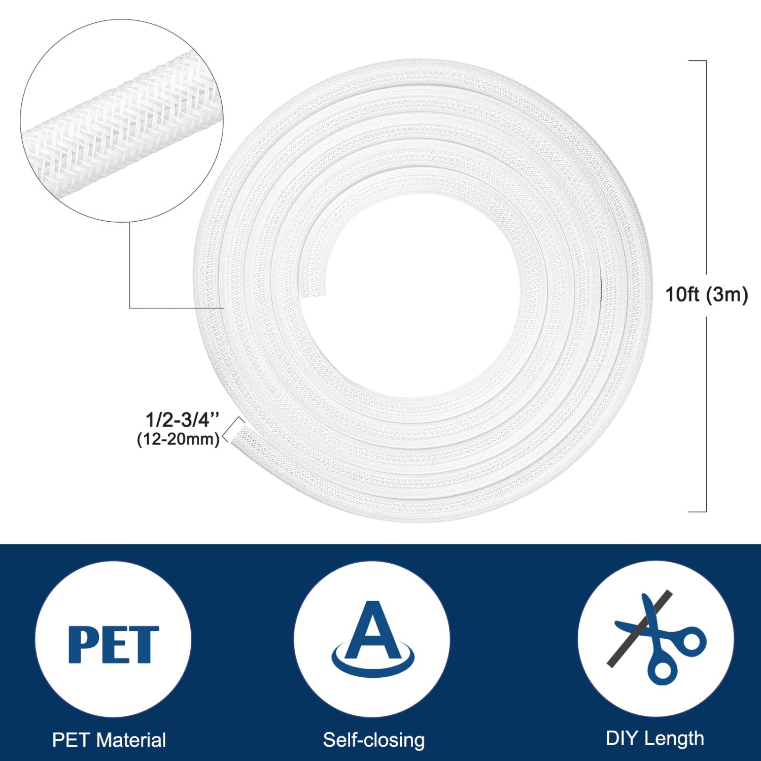 Cable Sleeve 10ft - 1/2'' Diameter Expandable, Cable Organizer for USB Cable Power Cord - Wire Protector Split Cable Wrap Cover, Cord Management for