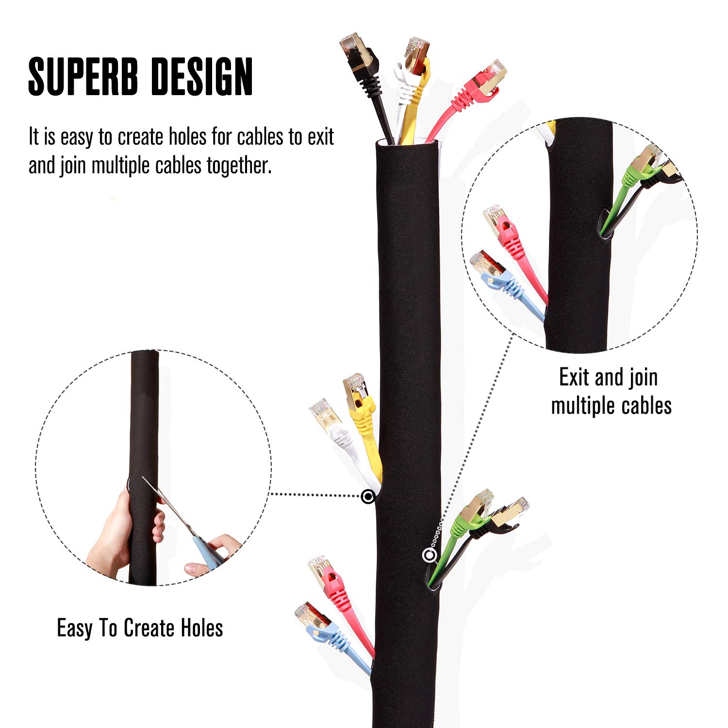 Cable Management Sleeves Neoprene Cord Organizer for TV USB PC Computer Network Wires (120 inches) DIY by Yourself, Adjustable Black Reversible Wire
