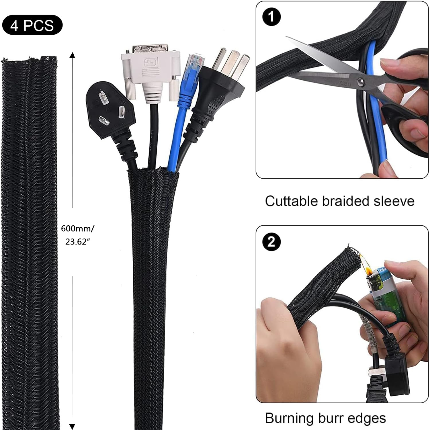 200PCS Cable Management Kit,4 Cable Sleeves,37 Cable Clips,7 Cable Holders,10 Zip Tie Mounts,20 Cable Clip Nails,100 Cable Fastening Ties,20+2 Roll