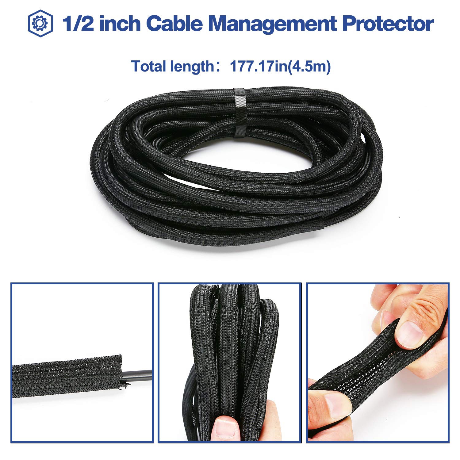 15ft - 1/2 inch Cord Protector Wire Loom Tubing Cable Sleeve, Braided Cable Sleeve Split Sleeving Cord Management System Protect Pet From Chewing
