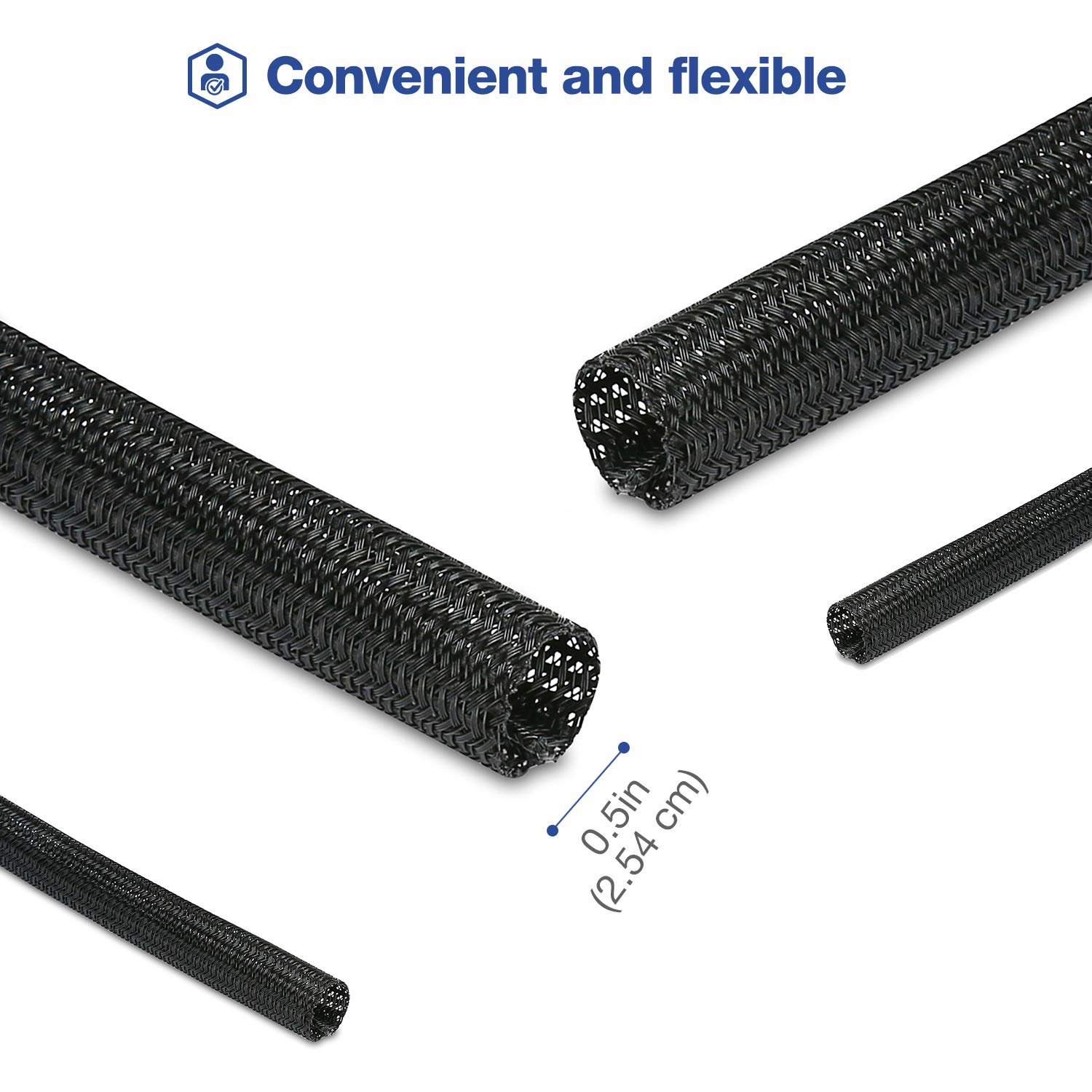 15ft - 1/2 inch Cord Protector Wire Loom Tubing Cable Sleeve, Braided Cable Sleeve Split Sleeving Cord Management System Protect Pet From Chewing