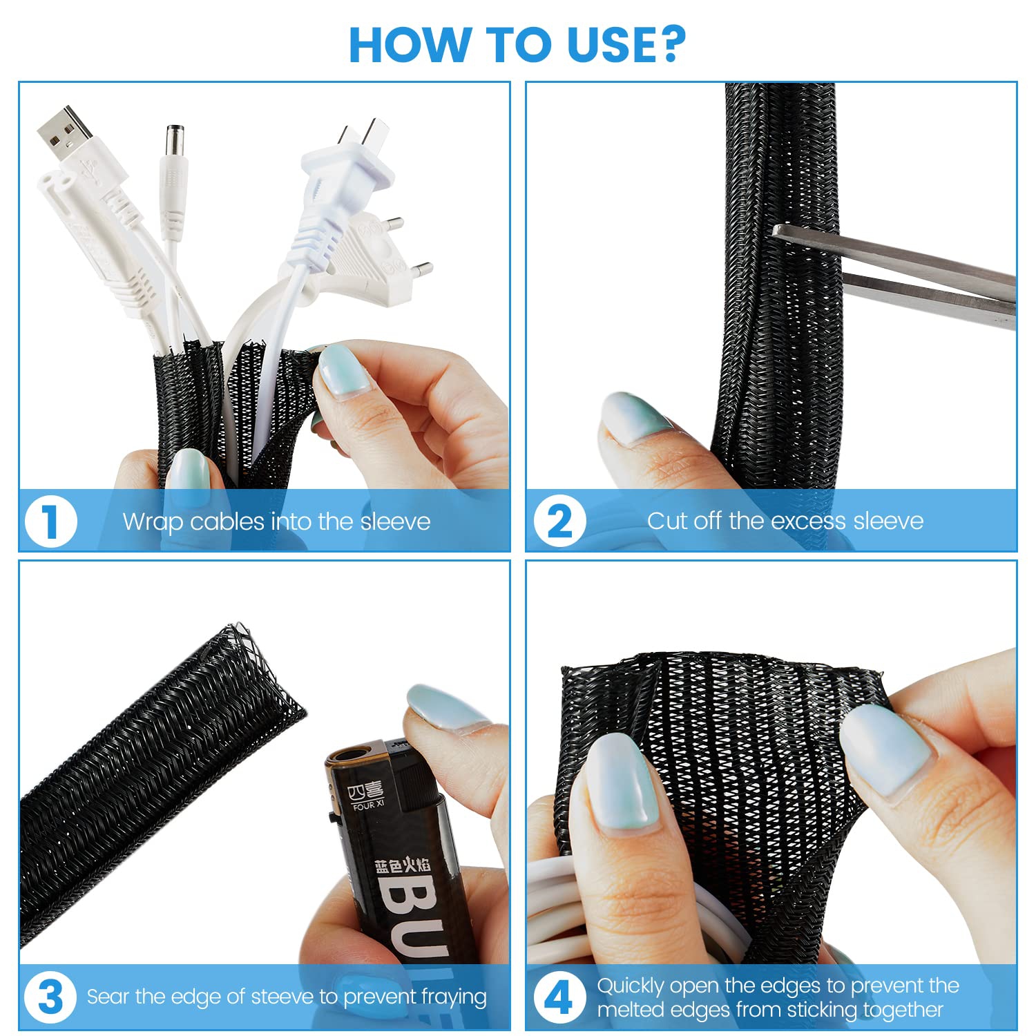 Black Cable Tidy Sleeve 16ft-1/2 inch, Cable Organizer for Desk, Computer Wire Protector Cable Wrap Cover, Cord Management with 10 PCS Reusable Cable