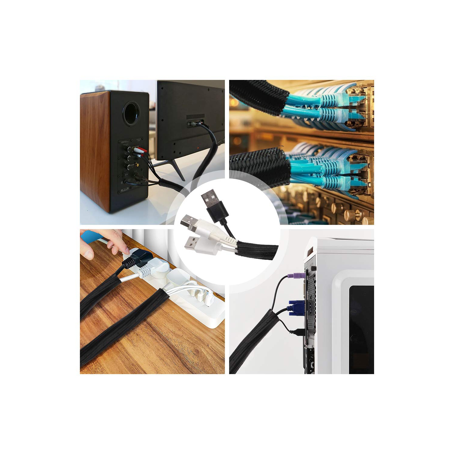 Black Cable Tidy Sleeve 16ft-1/2 inch, Cable Organizer for Desk, Computer Wire Protector Cable Wrap Cover, Cord Management with 10 PCS Reusable Cable