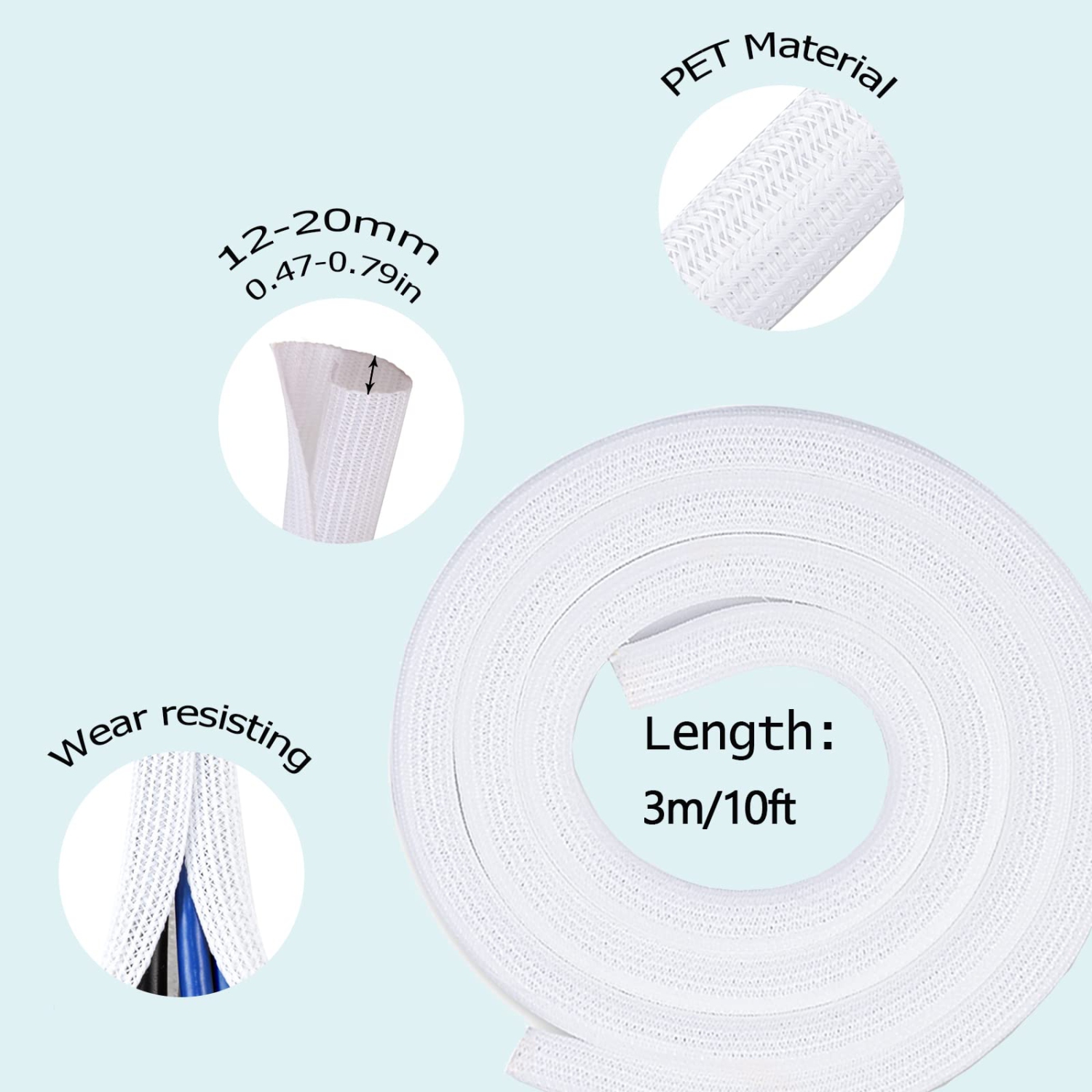 10ft - 4/5 inch Cable Sleeve Cover White, Cable Management Wire Loom Cord Protector