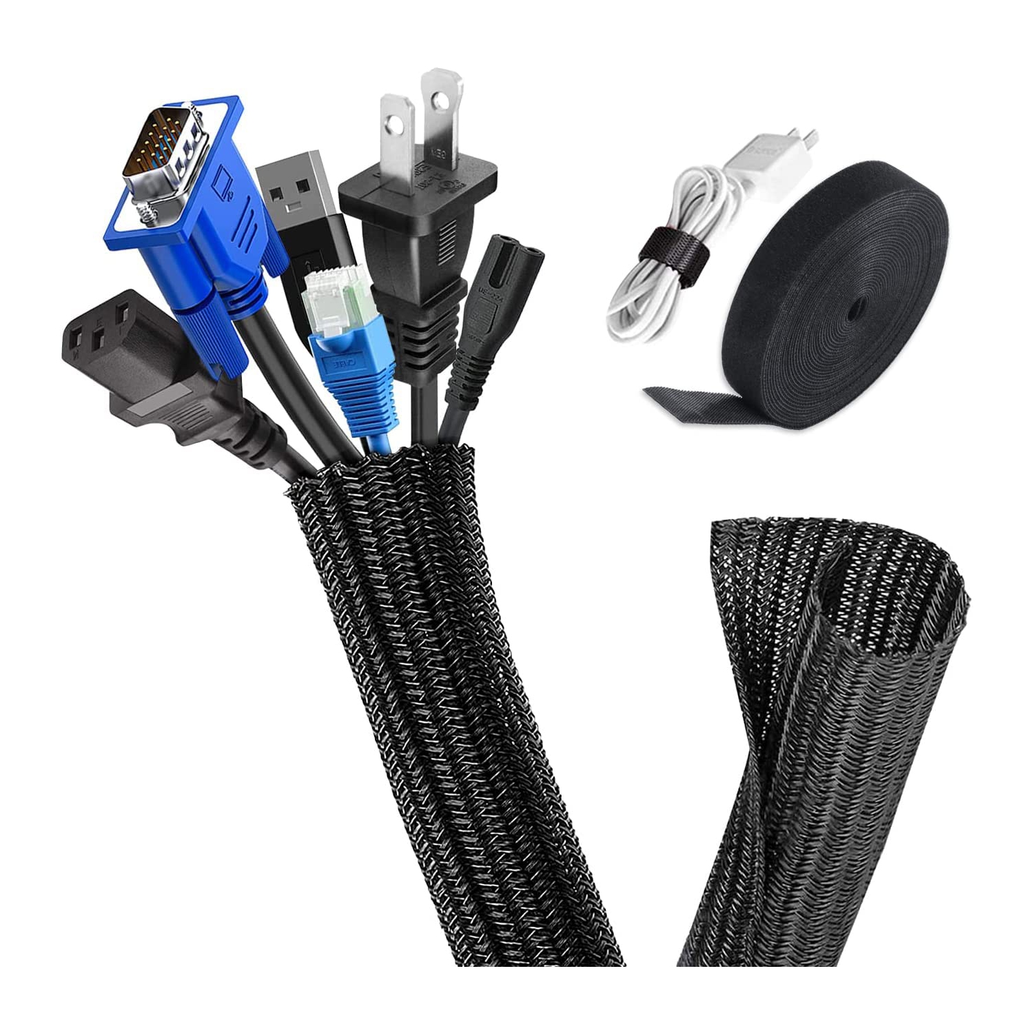 Gaine de câble 10&nbsp;pi - Organisation des câbles 1/2&nbsp;po gaine tressée et auto-enveloppante pour câble USB Cordon d'alimentation Câble