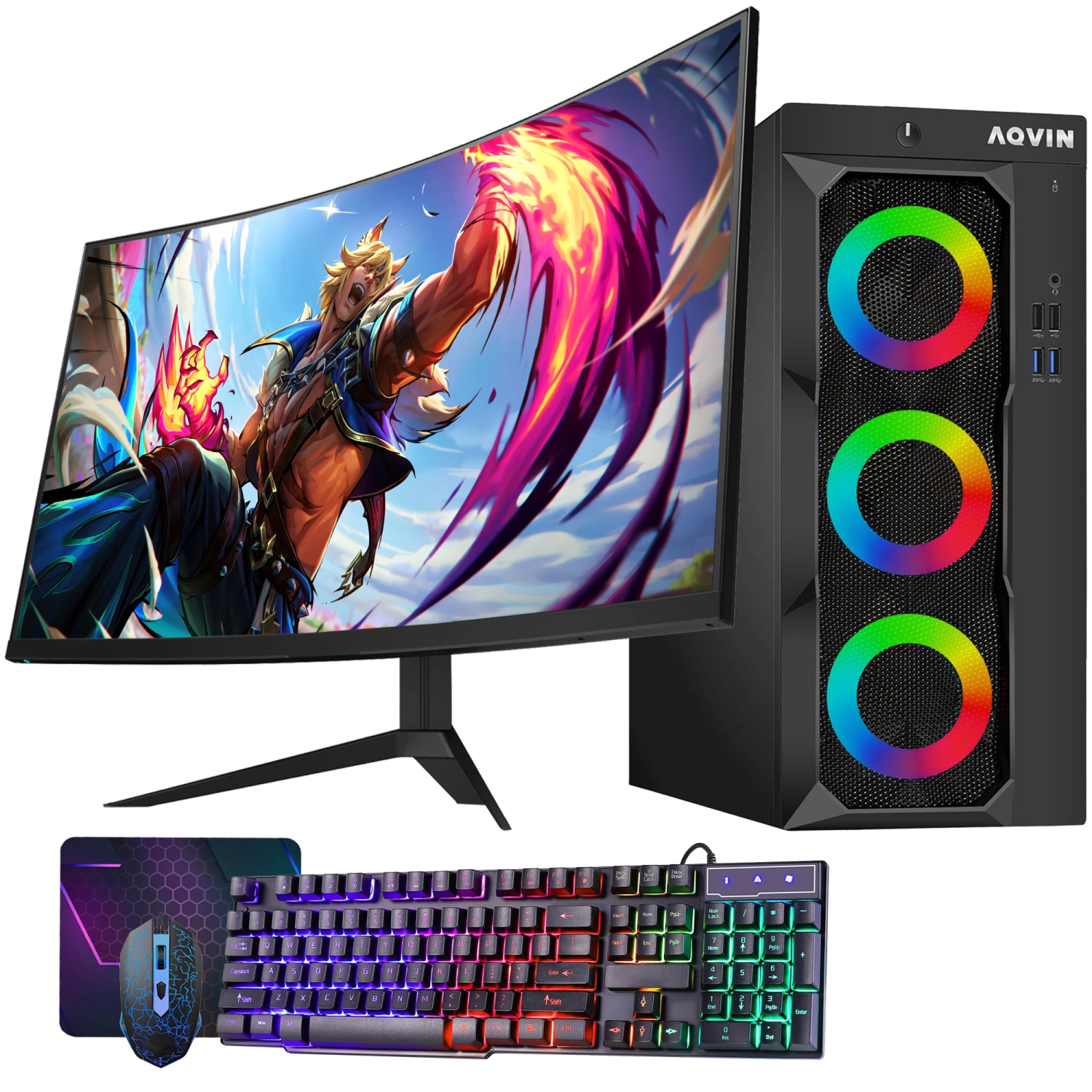 Refurbished (Excellent) - Custom Built RGB Gaming PC Combo AQVIN | New 27-inch Curved Monitor | Intel i7 | 32GB RAM | 1TB SSD | NVIDIA GeForce RTX 3050 6GB | Windows 10 Pro - Black