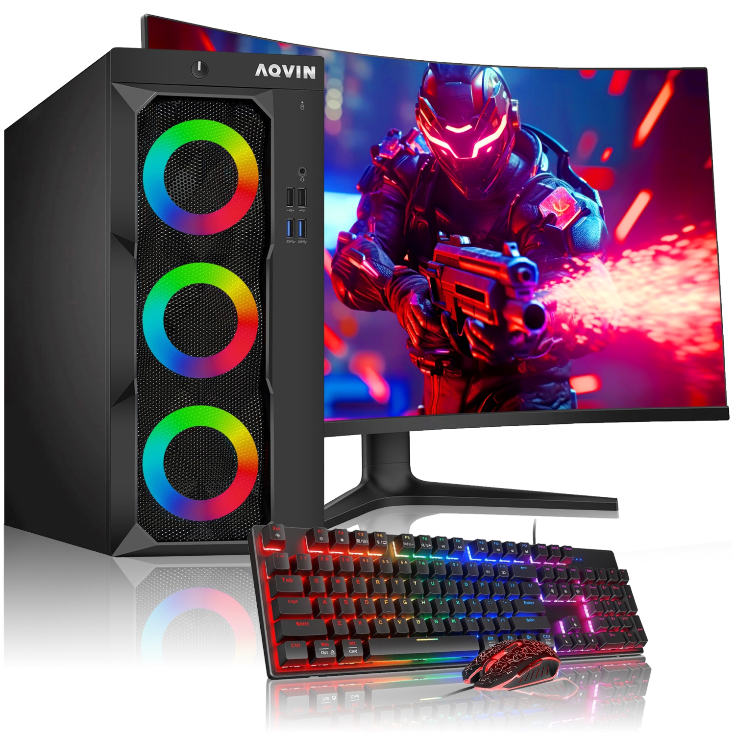 Refurbished (Excellent) - Prebuilt Tower AQVIN RGB Gaming PC with New 24 inch Curved Monitor [Intel Core i7 CPU] [32GB RAM] [1TB SSD] [AMD Radeon RX 550 4GB] [Windows 10 Pro]