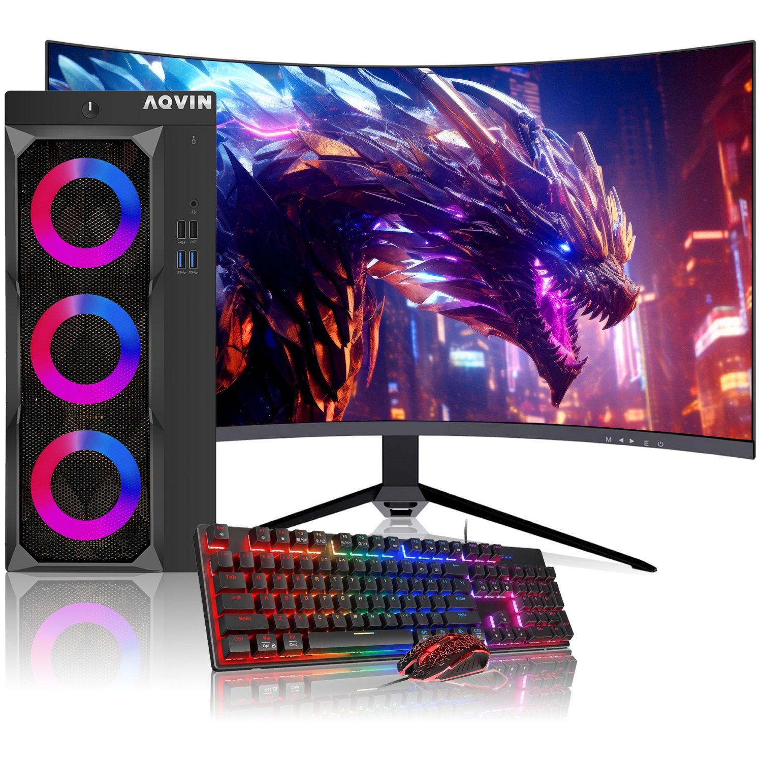 Refurbished (Excellent) - Prebuilt RGB Gaming PC Combo AQVIN | New 27-inch Curved Monitor | Intel i7 | 32GB RAM | 1TB SSD | NVIDIA GeForce GTX 1650 4GB | Windows 10 Pro - Black