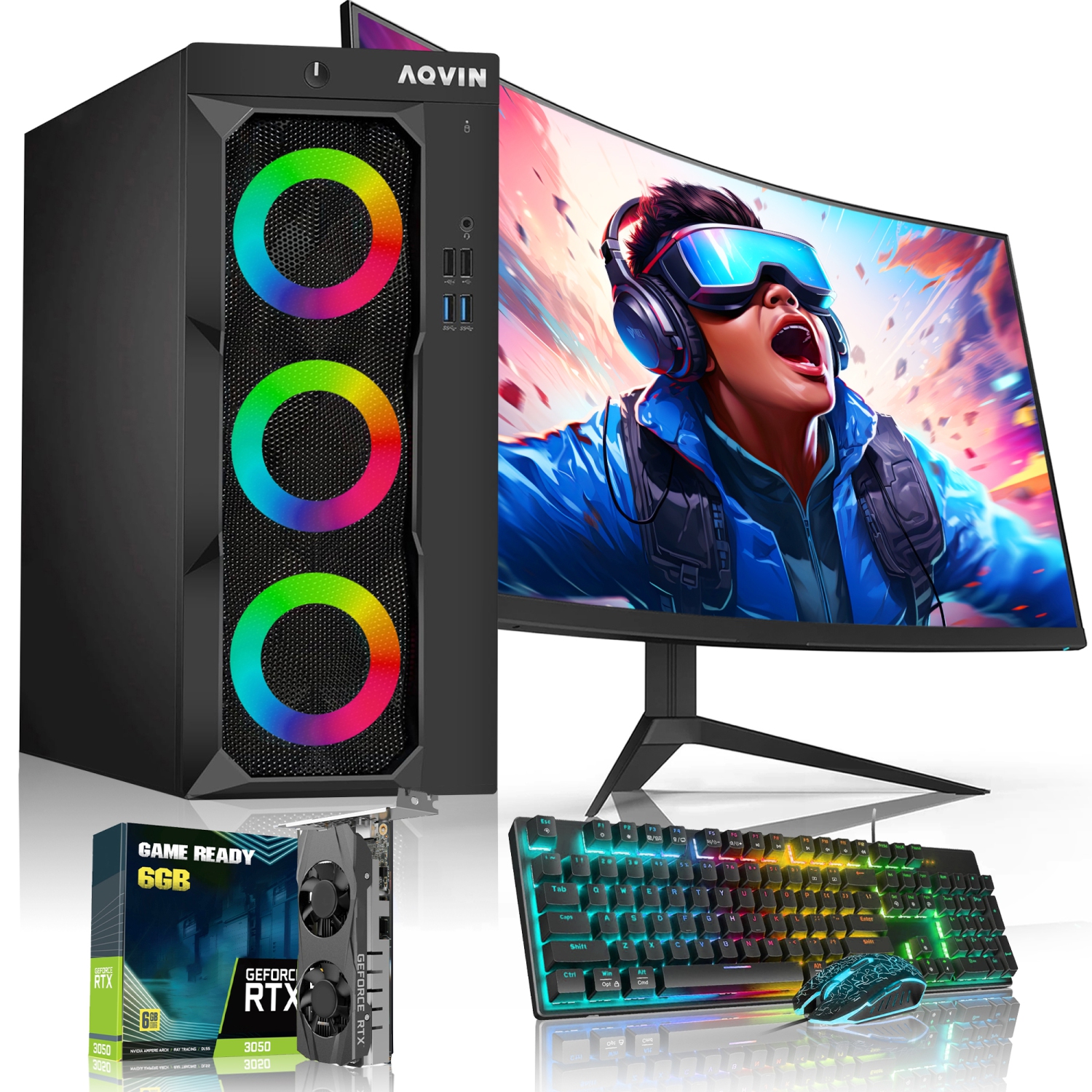 Refurbished (Excellent) - Prebuilt RGB Gaming Desktop PC AQVIN LuminaRings NVIDIA Graphics RTX 3050 6GB Intel Core i7 CPU 32GB RAM 2TB SSD Windows 10 Pro New 24 inch Curved Monitor