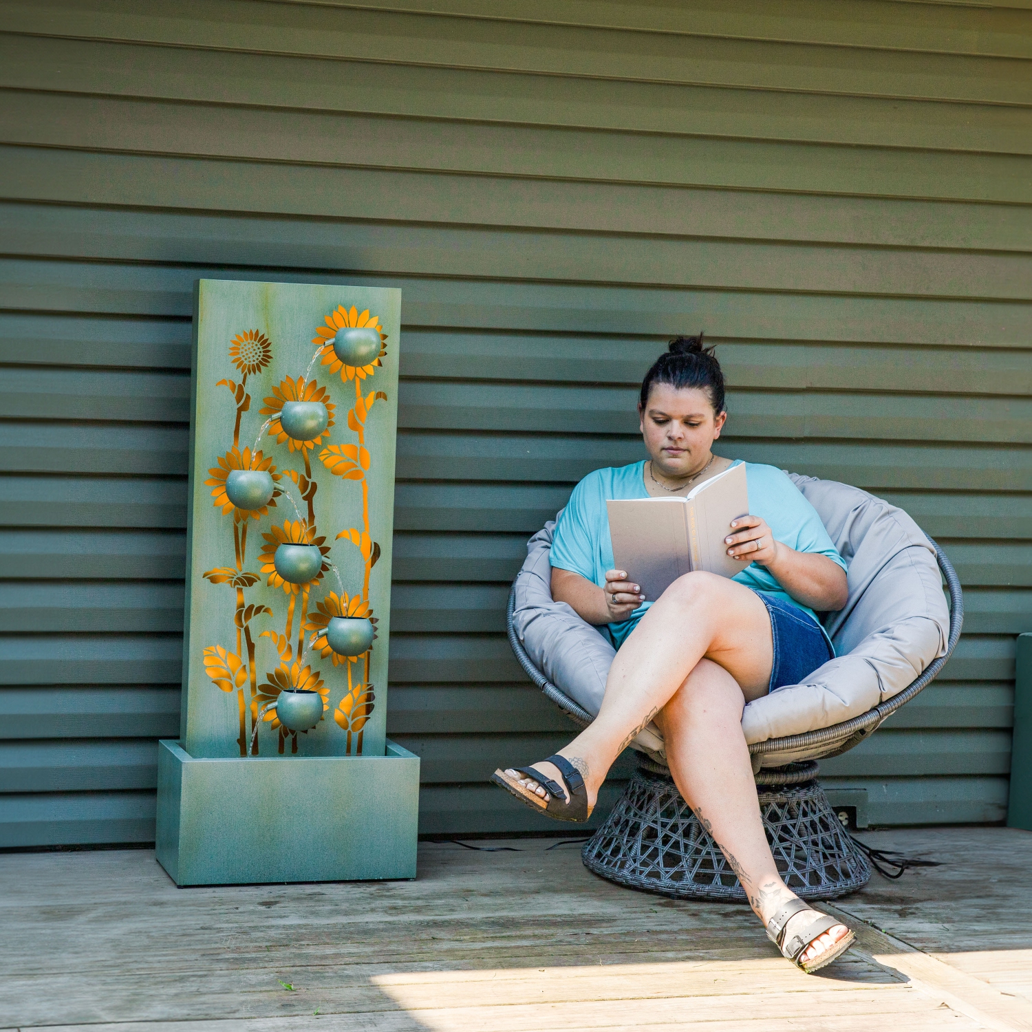 Sunnydaze Sunflower Fields Steel Outdoor Water Fountain with LEDs - 48.5"