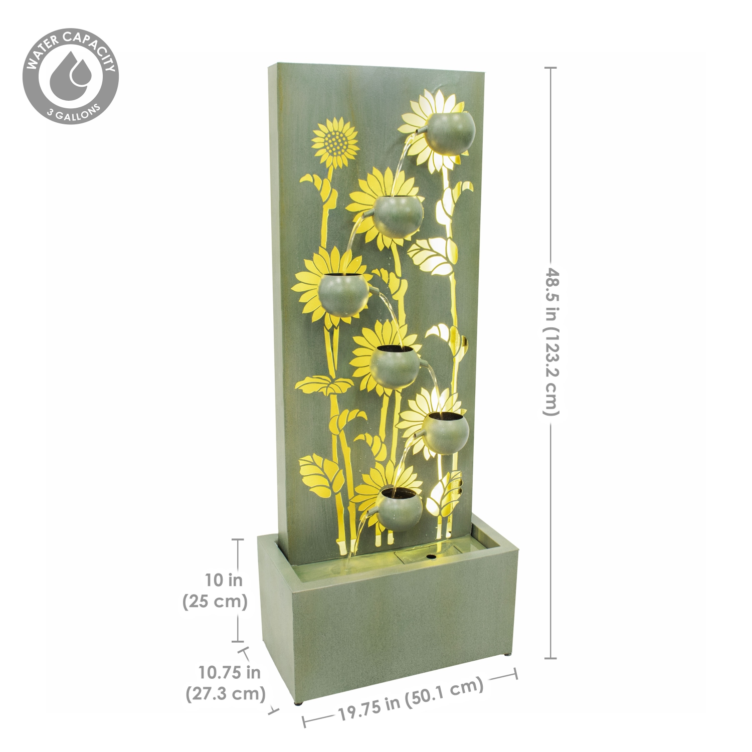 Sunnydaze Sunflower Fields Steel Outdoor Water Fountain with LEDs - 48.5"