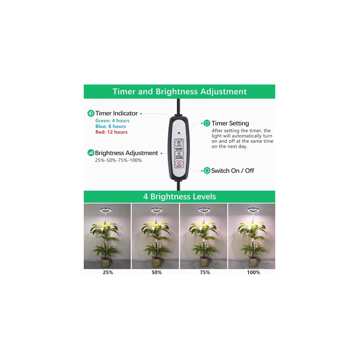 Lampe de culture DEL à spectre complet : Luminosité réglable, minuterie marche/arrêt automatique, hauteur réglable, idéal pour les grandes plantes