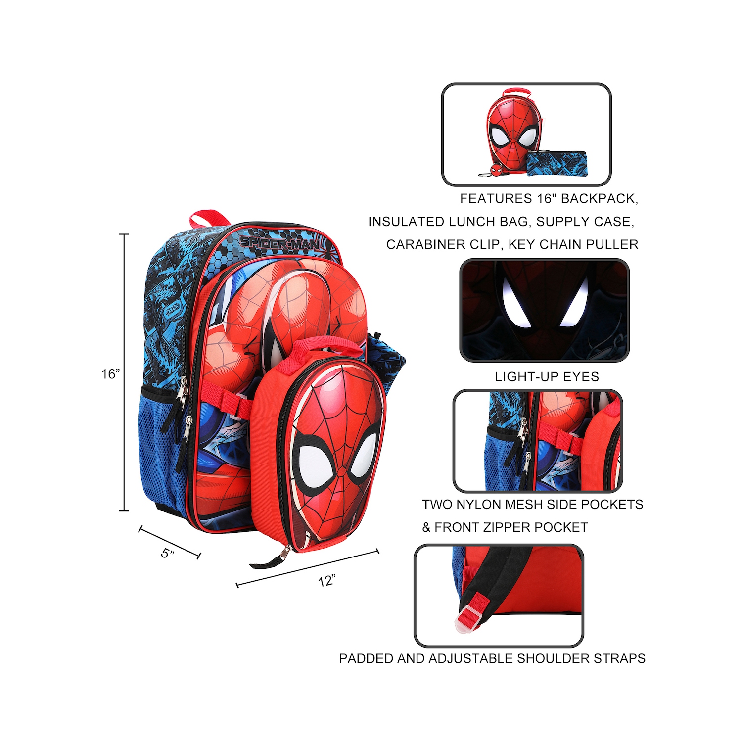 Ensemble 5 pièces avec sac à dos et sac-repas à motif bande dessinée pour enfants Spider-Man de Marvel 16