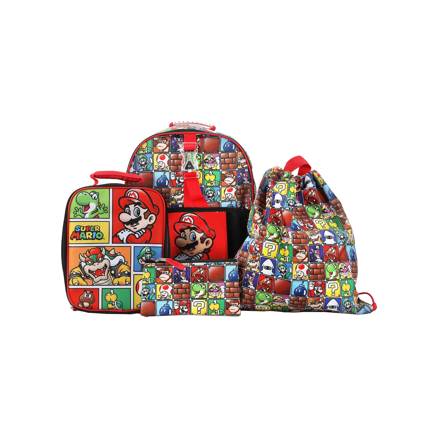 Super Mario Bros. Character Tile Kids 14" Backpack and Lunch Bag 4 Piece Set