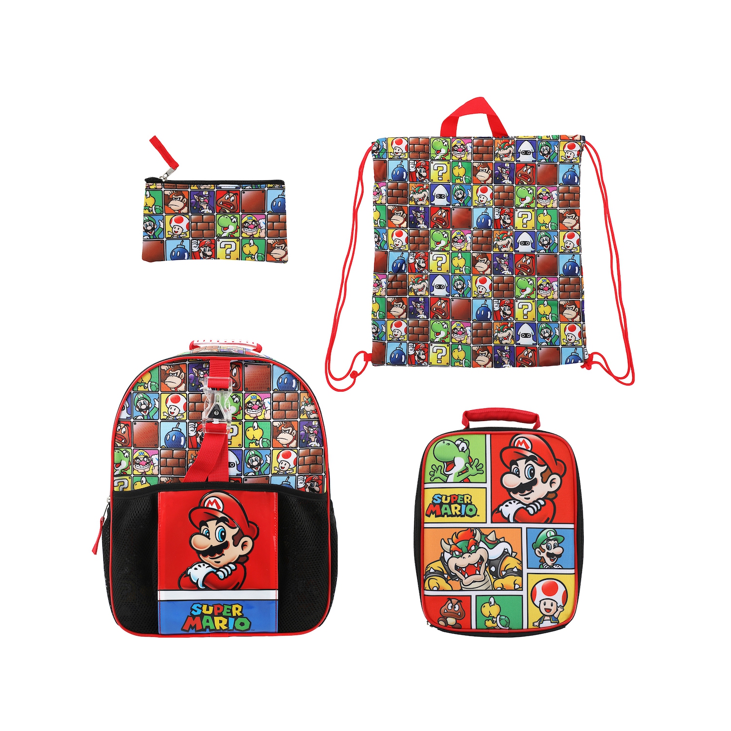 Super Mario Bros. Character Tile Kids 14" Backpack and Lunch Bag 4 Piece Set