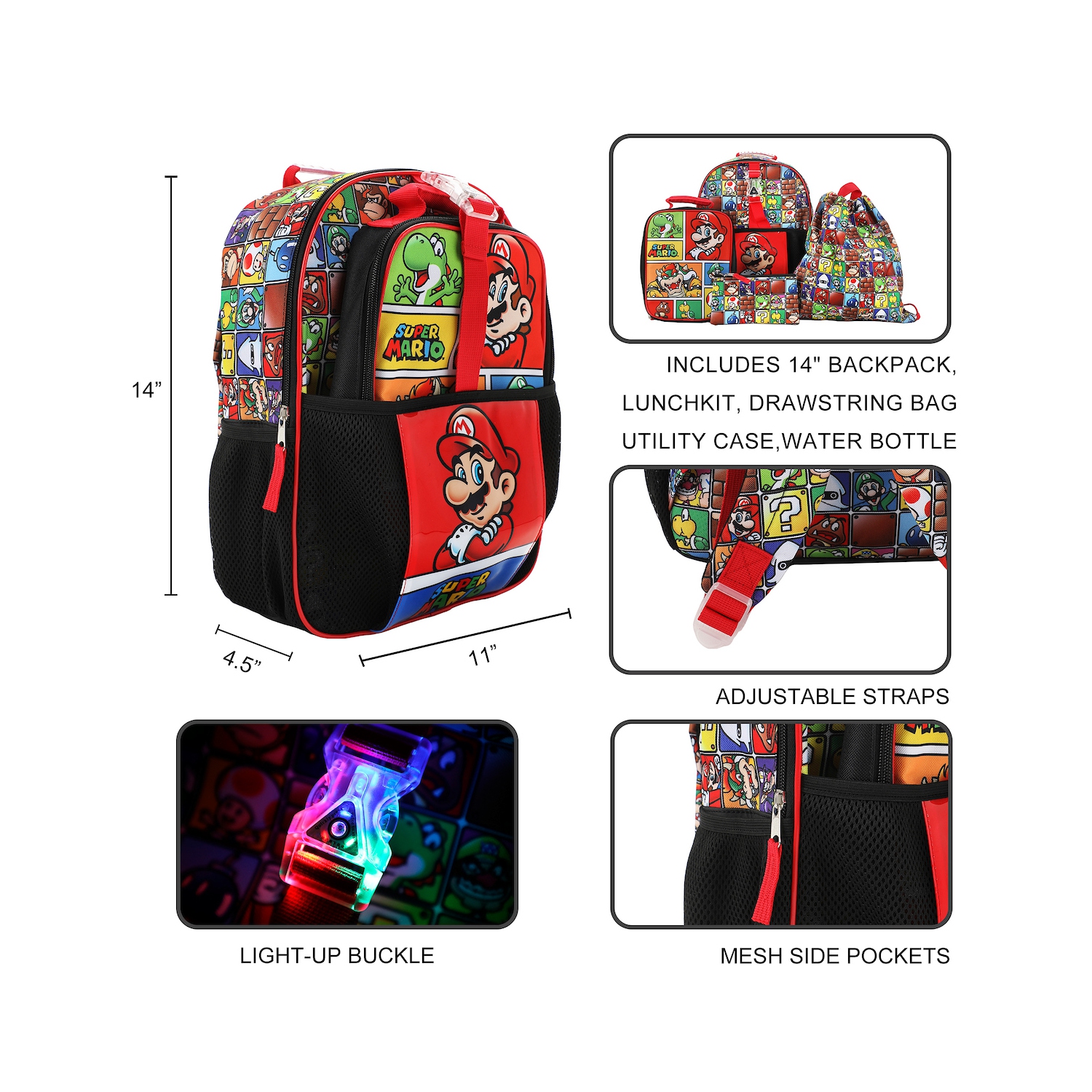 Super Mario Bros. Character Tile Kids 14" Backpack and Lunch Bag 4 Piece Set