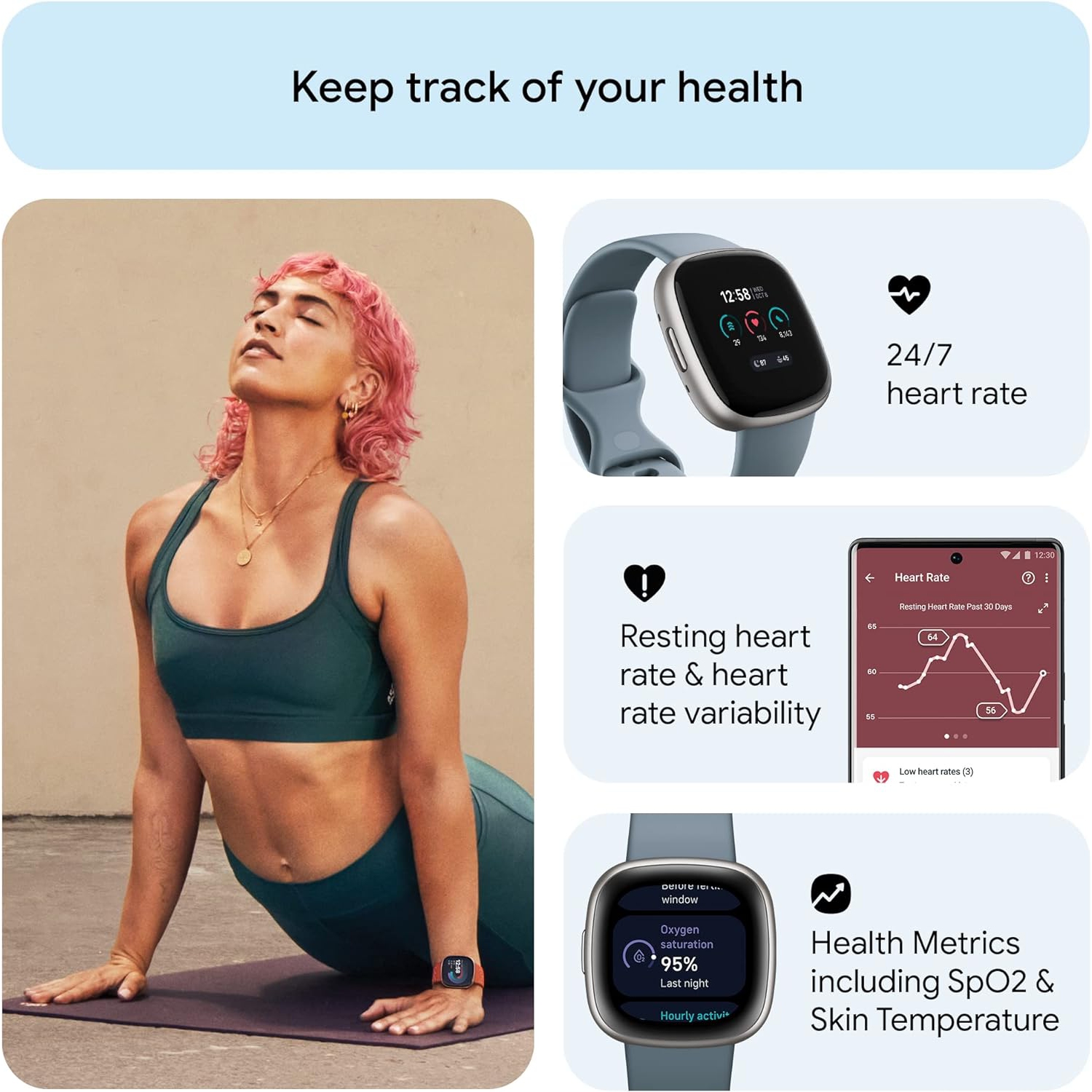 Fitbit Versa 4 Fitness Smartwatch with Daily Readiness, GPS, 24/7 Heart Rate, 40+ Exercise Modes, Sleep Tracking, Waterfall Blue/Platinum, One Size
