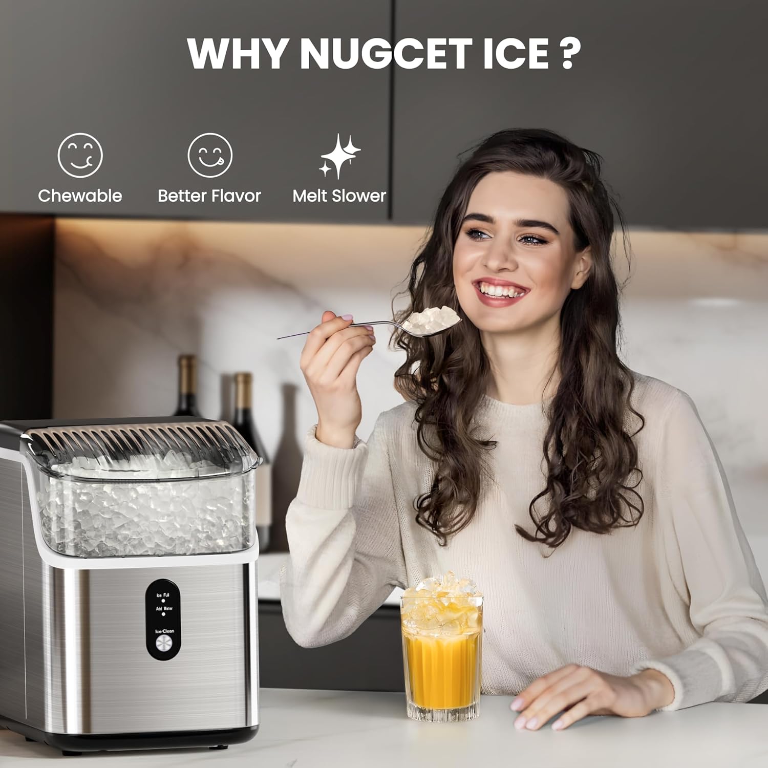 ZAFRO Nugget Ice Maker Countertop, 35lbs/24Hrs, Ice Maker Machine with Self-Cleaning, Ice Scoop & Removable Ice Basket, for Home/Kitchen/Office/Party