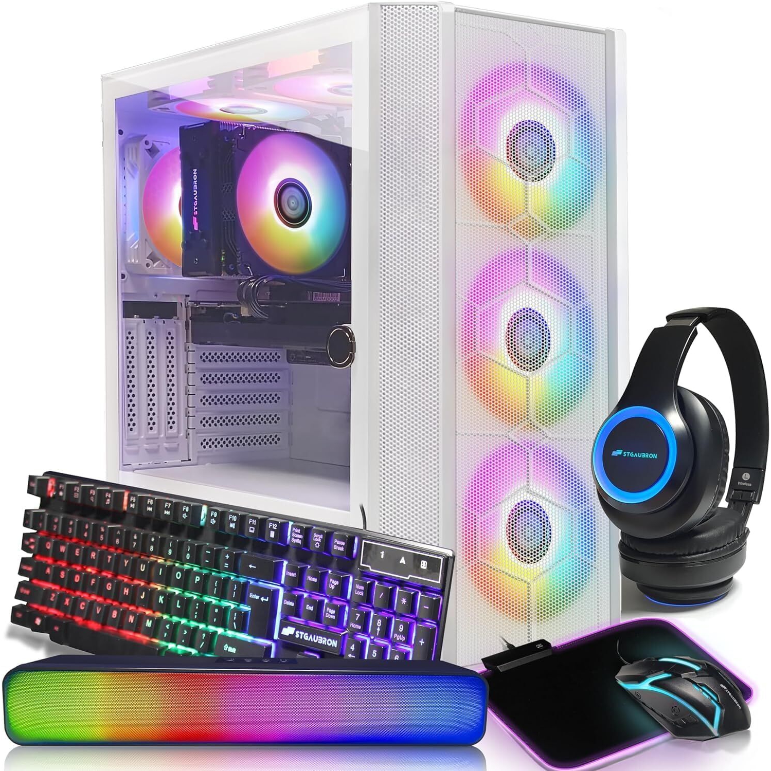 STGAubron Gaming Desktop PC,RTX 3060 Ti 8G,Intel Core i7-10700F up to 4.8G,16G DDR4, 1TB SSD, WiFi,BT 5.0,RGB Fan x 6,RGB KB & MS & MS Pad,RGB BT Sound Bar&Gaming Mic, W11H64