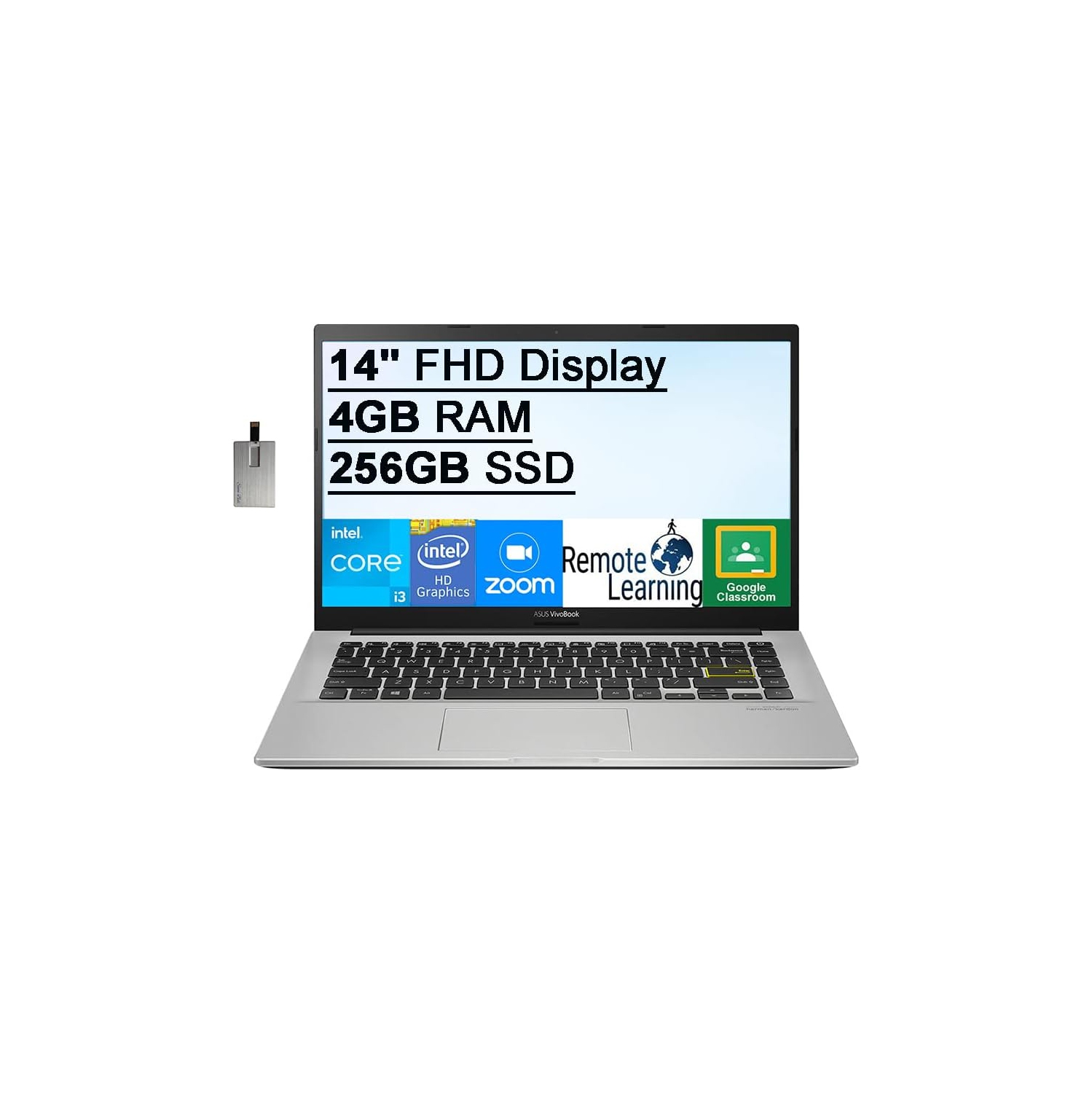 Refurbished (Excellent) - ASUS Vivobook 14" VIPS FHD Laptop Computer, 10th Gen Intel Core i3-1005G1 Processor, 512GB SSD, 4GB RAM, Chiclet Keyboard, Windows11, White, 32GB USB Card