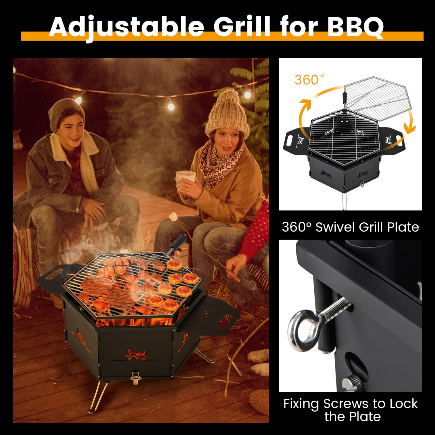Poêle portative à barbecue au charbon avec surface pliable rotative à 360° et pattes de Costway, noir