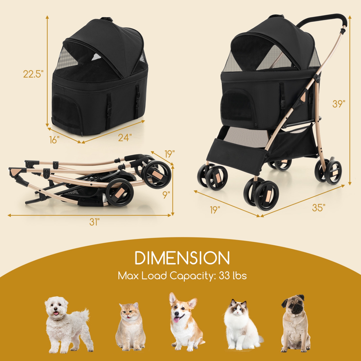 Petsite 3-In-1 Pet Stroller with Removable Car Seat Carrier 4-Level Adjustable Canopy
