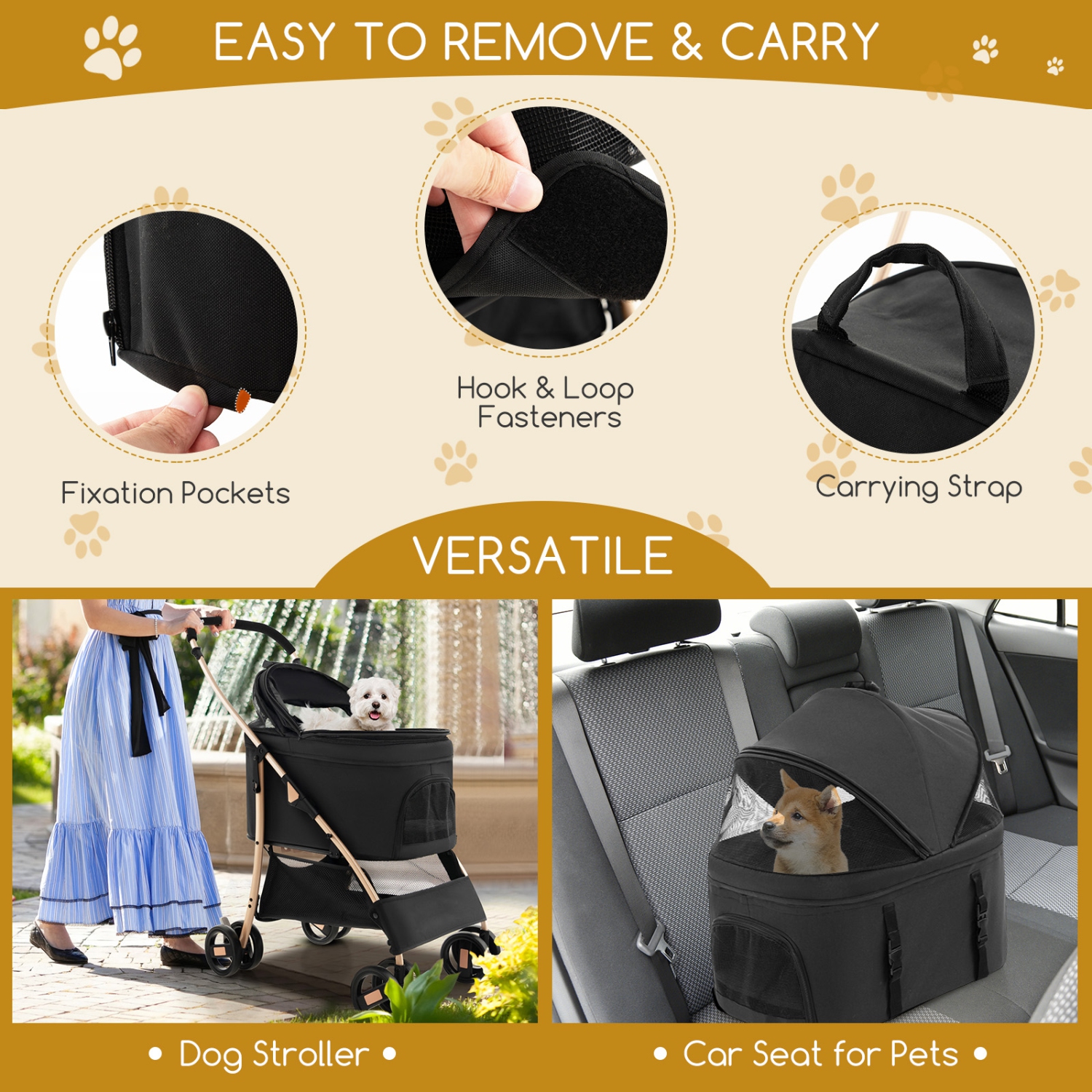 Petsite 3-In-1 Pet Stroller with Removable Car Seat Carrier 4-Level Adjustable Canopy
