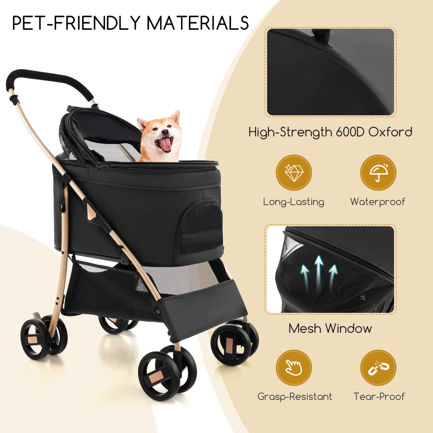 Petsite 3-In-1 Pet Stroller with Removable Car Seat Carrier 4-Level Adjustable Canopy