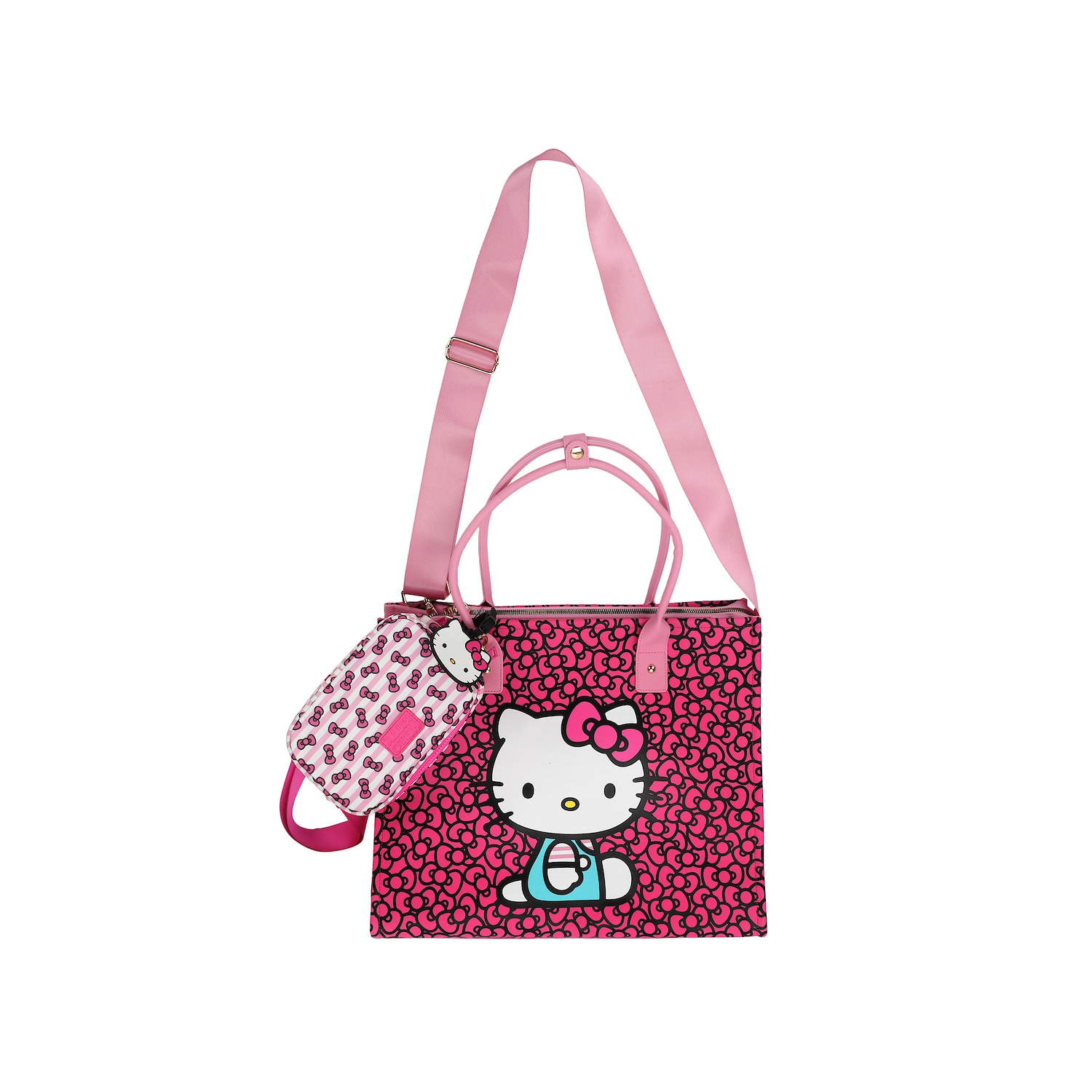 Ensemble de fourre-tout de voyage avec motif de boucle Hello Kitty avec sac à bandoulière et étiquette de bagage
