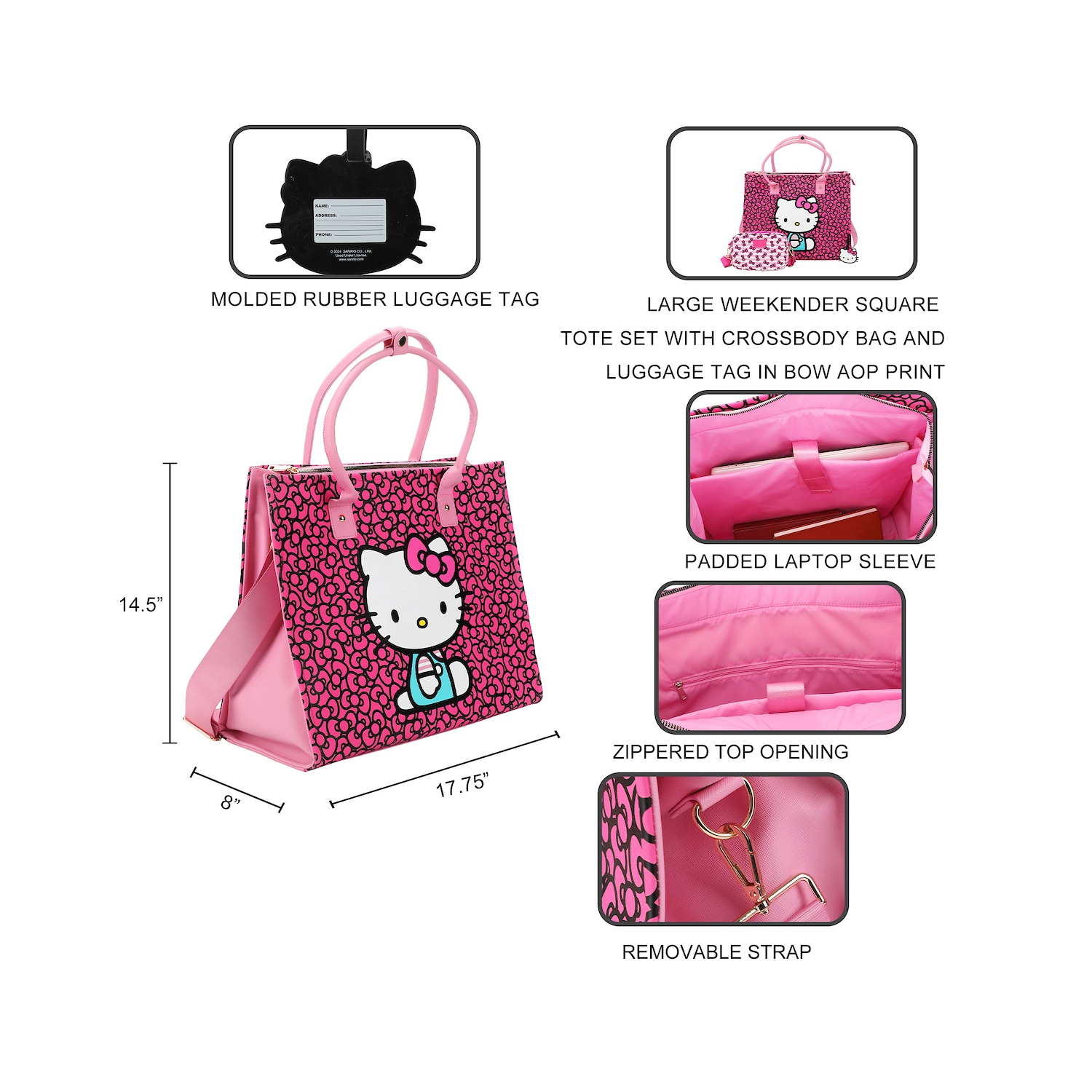 Ensemble de fourre-tout de voyage avec motif de boucle Hello Kitty avec sac à bandoulière et étiquette de bagage