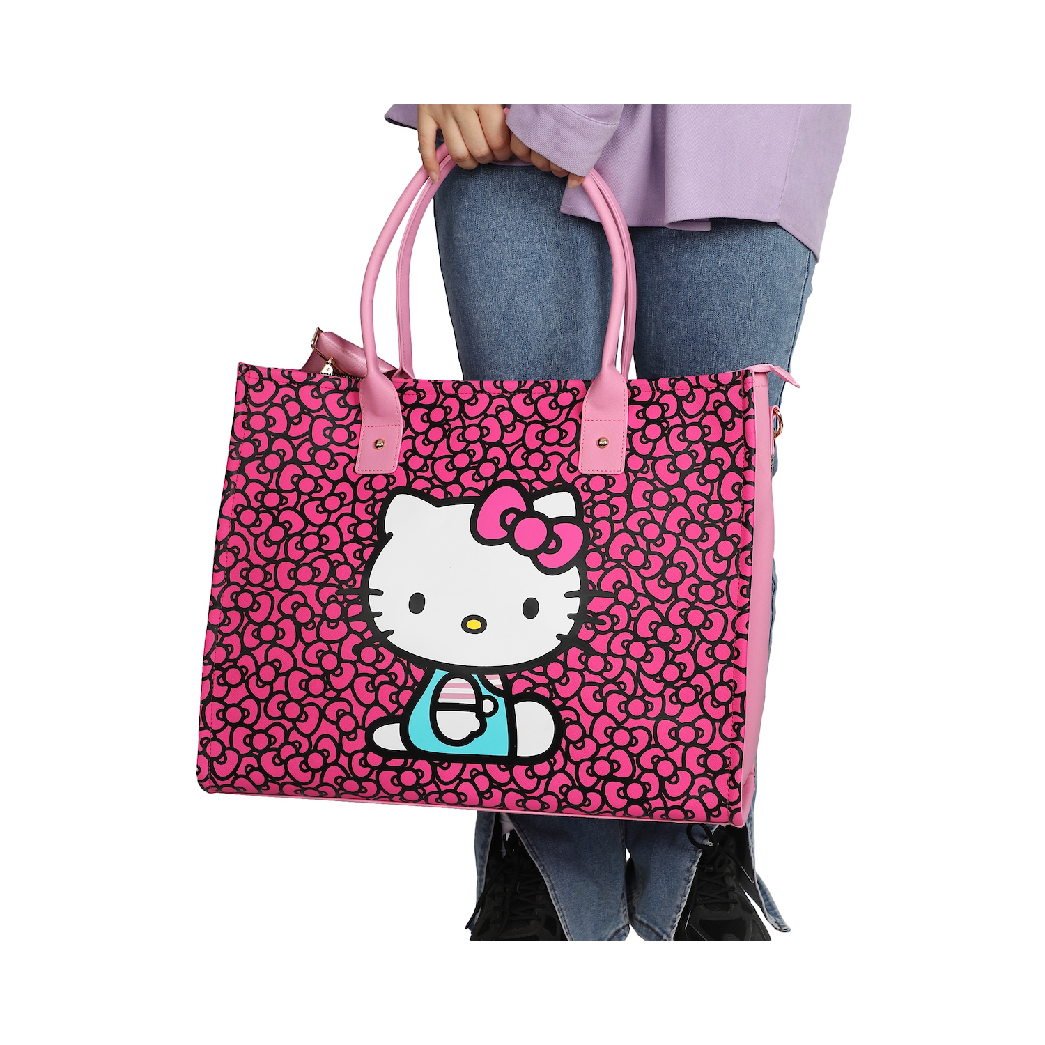 Ensemble de fourre-tout de voyage avec motif de boucle Hello Kitty avec sac à bandoulière et étiquette de bagage