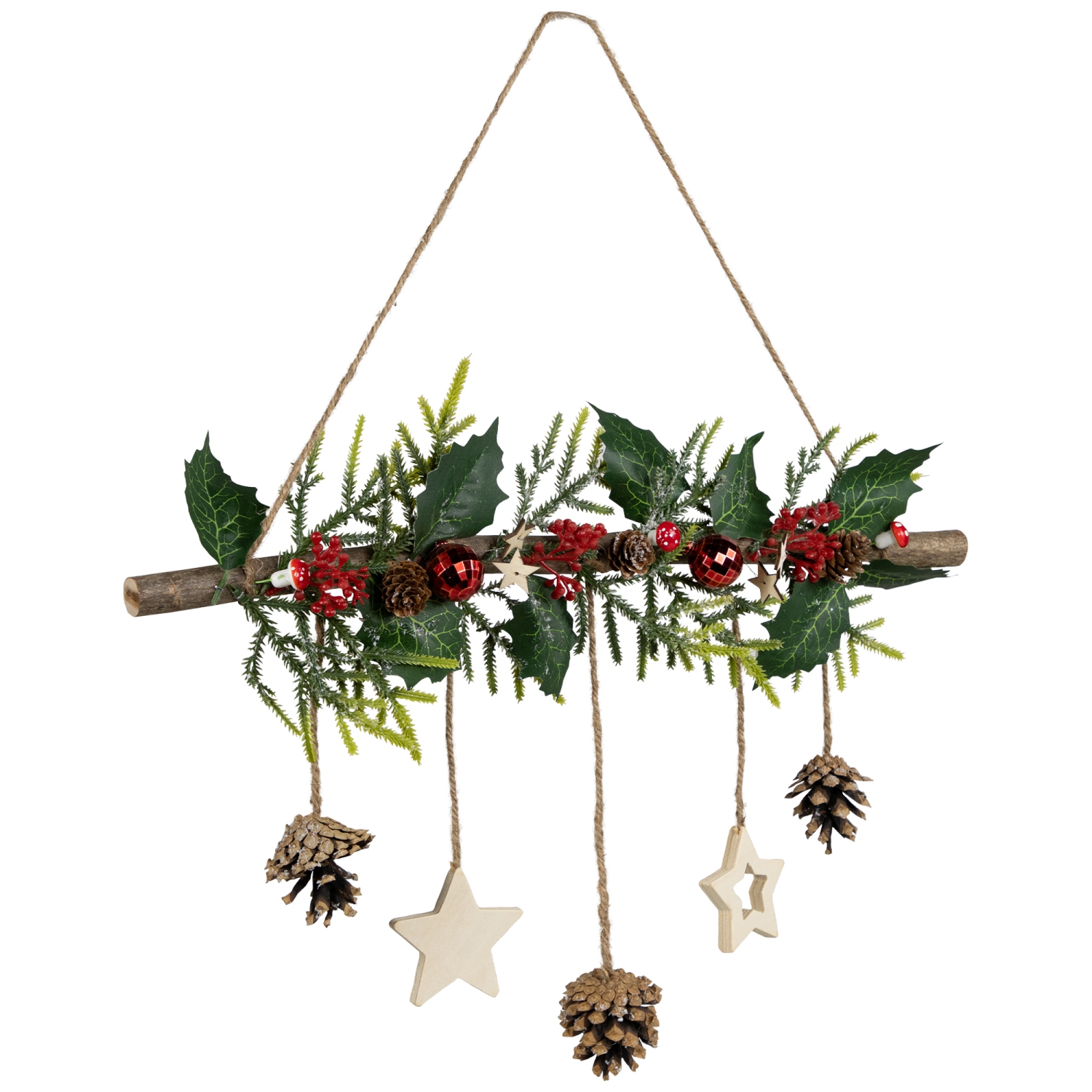 Holly Branch with Stars and Pinecones Christmas Wall Decoration - 20.75" - Red