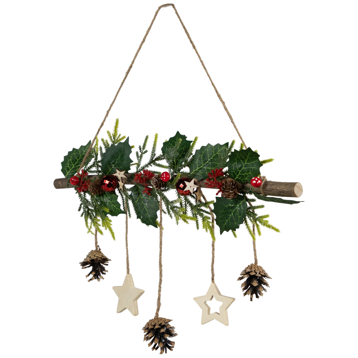 Holly Branch with Stars and Pinecones Christmas Wall Decoration - 20.75" - Red