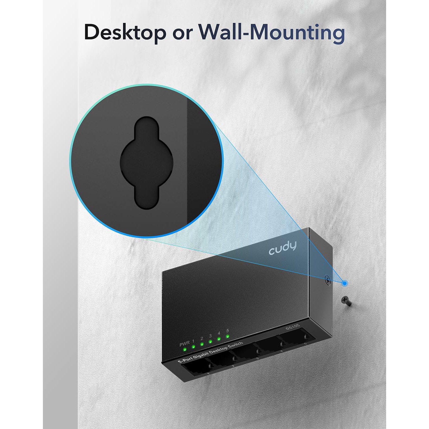 Cudy GS105 5-Port Gigabit Unmanaged Ethernet Switch | 10/100/1000Mbps RJ45 Ports, Desktop or Wall Mount, Energy Saving, Plug & Play, Fanless Metal