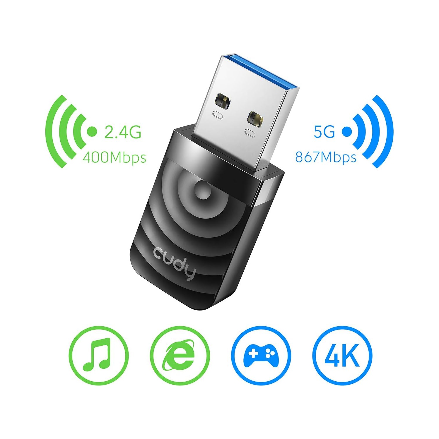 Cudy WU1300S AC1300 Wi-Fi USB 3.0 Adapter | 5Ghz/2.4Ghz, for Desktop/Laptop, Compatible with Windows 7/8/8.1/10/11, mac OS 10.6～10.15.3, Linux