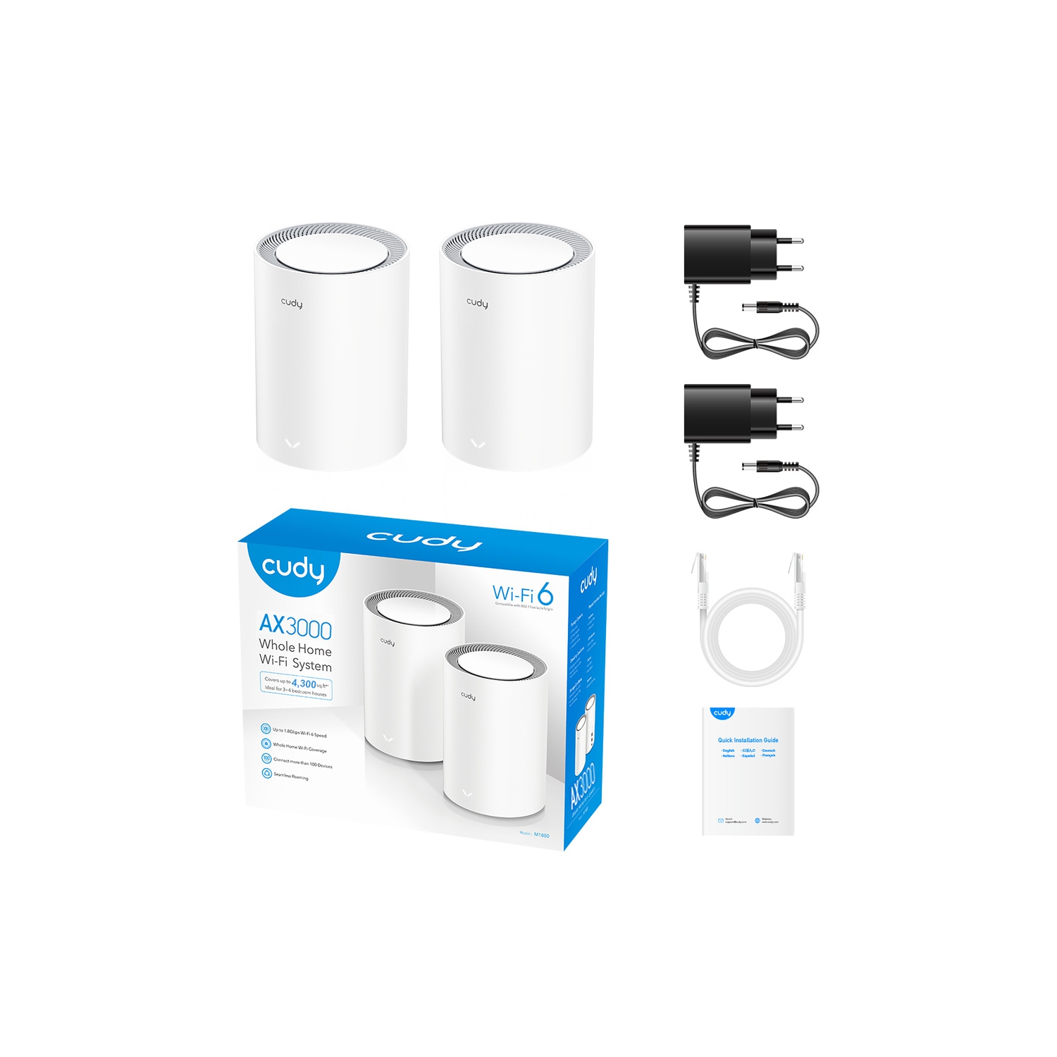 Cudy M3000 AX3000 2.5G Dual Band Wi-Fi 6 Mesh System, 2-Pack | Covers up to 4800 Sq.Ft., Replaces Wireless Router and Extender, Supports Ethernet