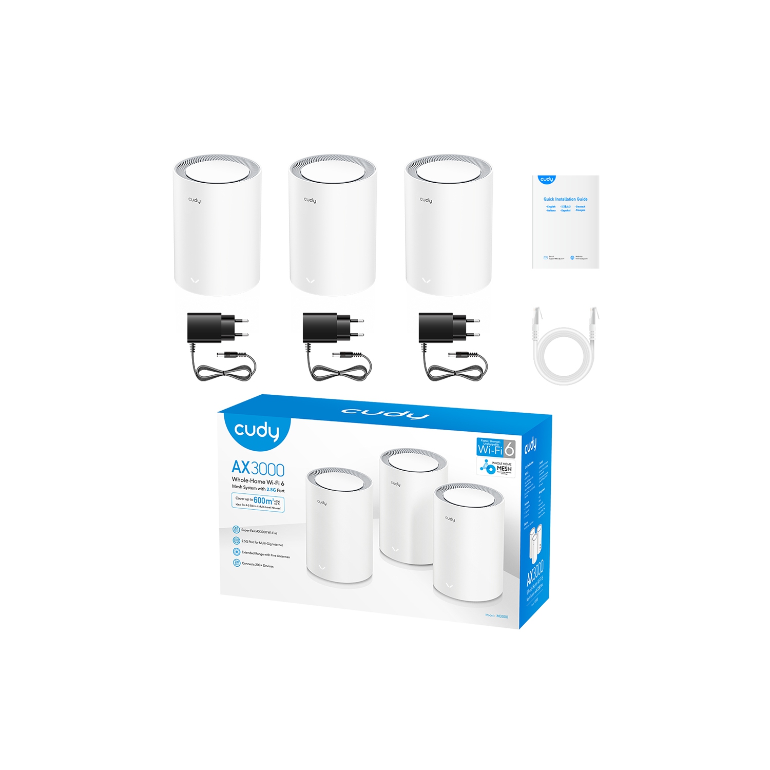 Cudy M3000 AX3000 2.5G Dual Band Wi-Fi 6 Mesh System, 3-Pack | Covers up to 7000 Sq.Ft., Replaces Wireless Router and Extender, Supports Ethernet