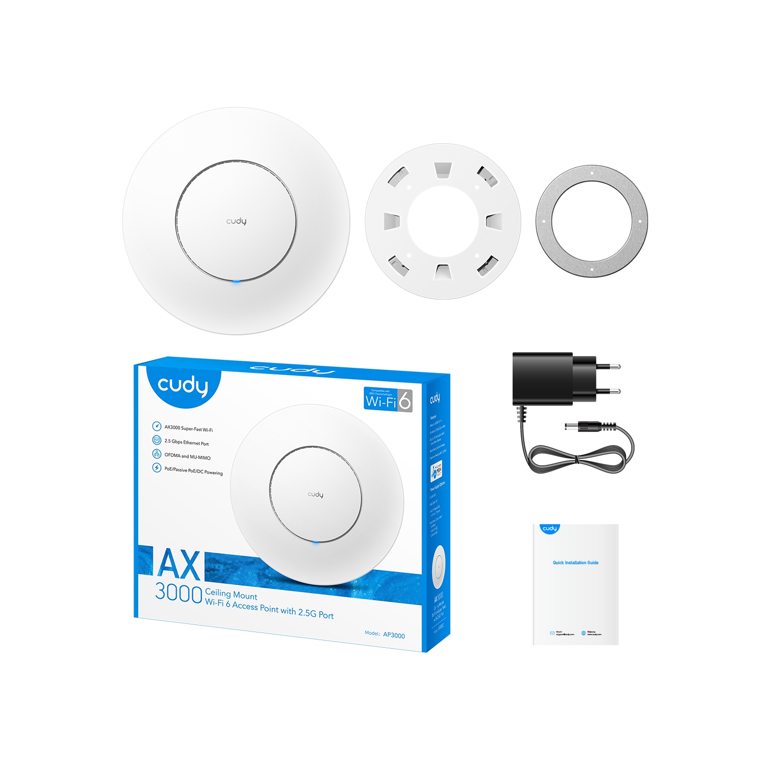 Point d'accès Wi-Fi 6 2,5G Cudy AP3000 AX3000 | RJ45, solution Wi-Fi d'entreprise, prise en charge du réseau maillé, itinérance transparente et