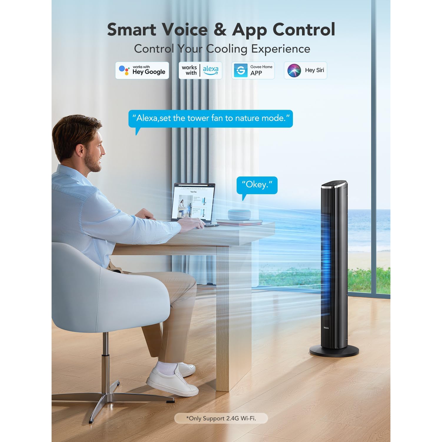 GoveeLife 36'' Smart Tower Fan for Bedroom, Oscillating Floor Fans with Temperature Auto Mode, App & Voice Remote, 5 Modes 8 Speeds up to 25ft/s, 24H
