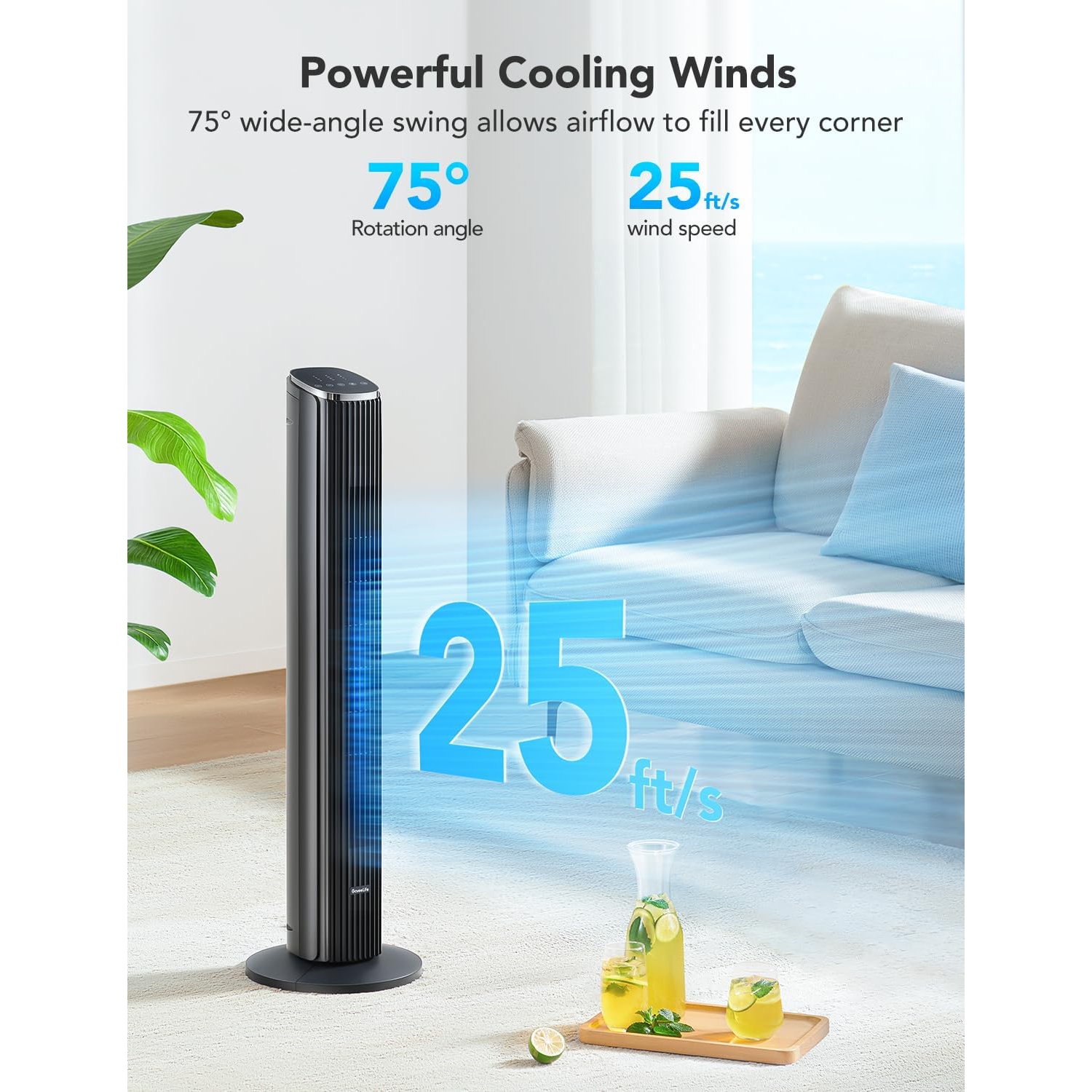 GoveeLife 36'' Smart Tower Fan for Bedroom, Oscillating Floor Fans with Temperature Auto Mode, App & Voice Remote, 5 Modes 8 Speeds up to 25ft/s, 24H