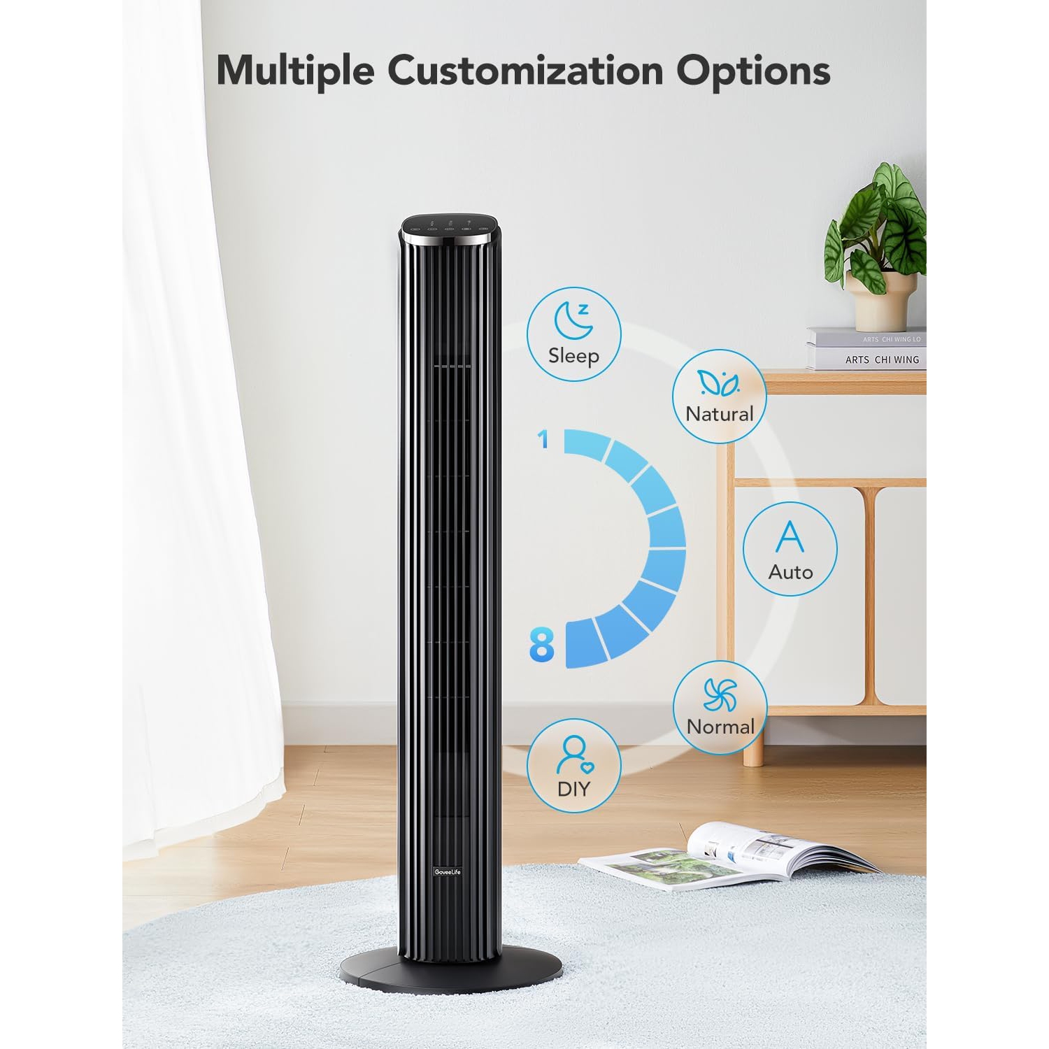 GoveeLife 36'' Smart Tower Fan for Bedroom, Oscillating Floor Fans with Temperature Auto Mode, App & Voice Remote, 5 Modes 8 Speeds up to 25ft/s, 24H